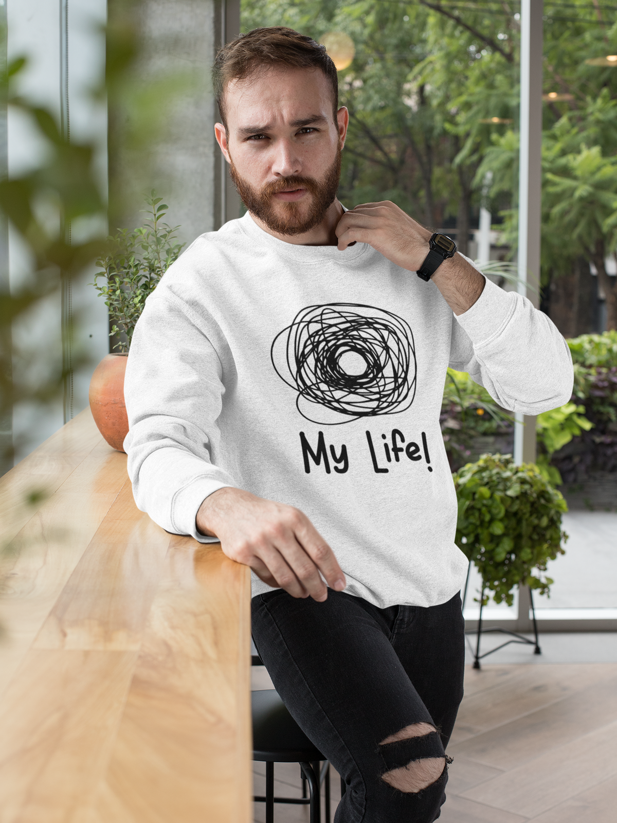 'My Life!' scribble sweatshirt in white, bearded man wearing it, funny sarcastic gift sweatshirt