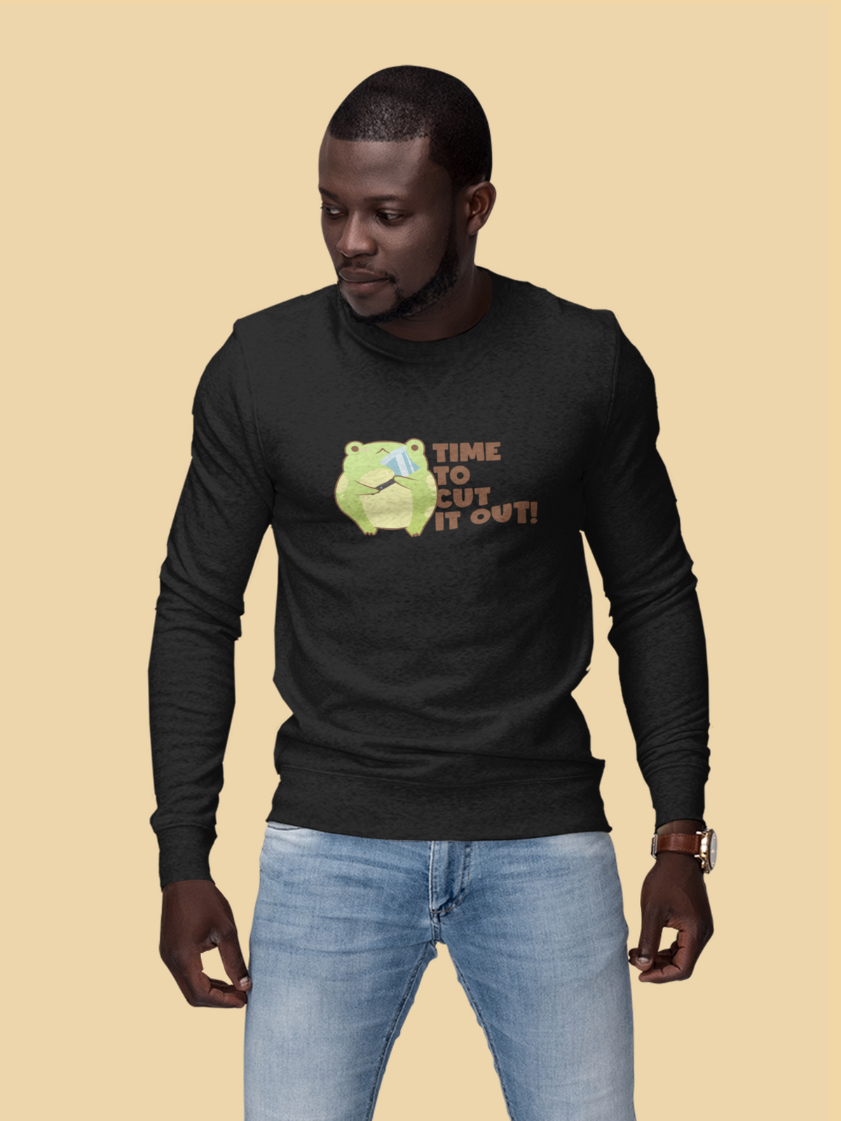 'Time to Cut It Out' frog sweatshirt in charcoal, man wearing it outdoors, funny science pun gift
