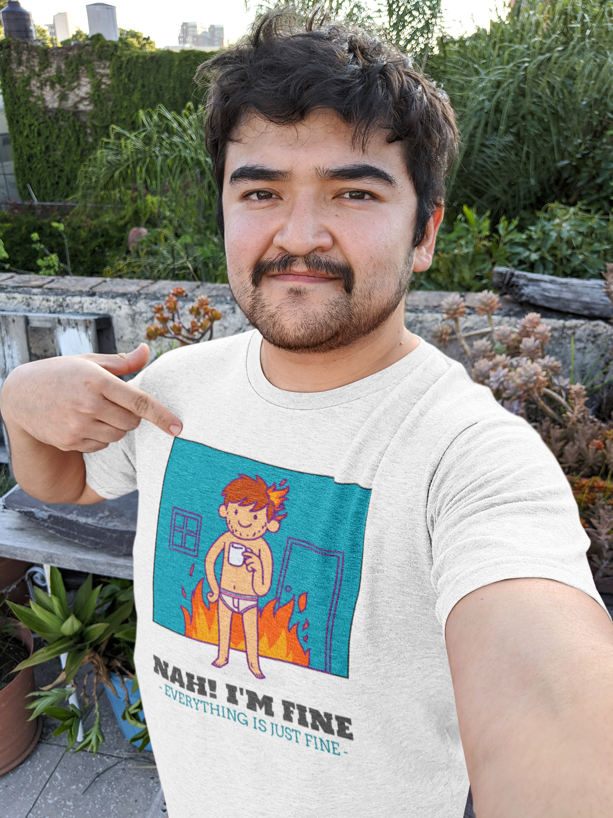 'Nah! I'm Fine' this is fine meme t-shirt in white, bearded man pointing at print, funny sarcastic gift
