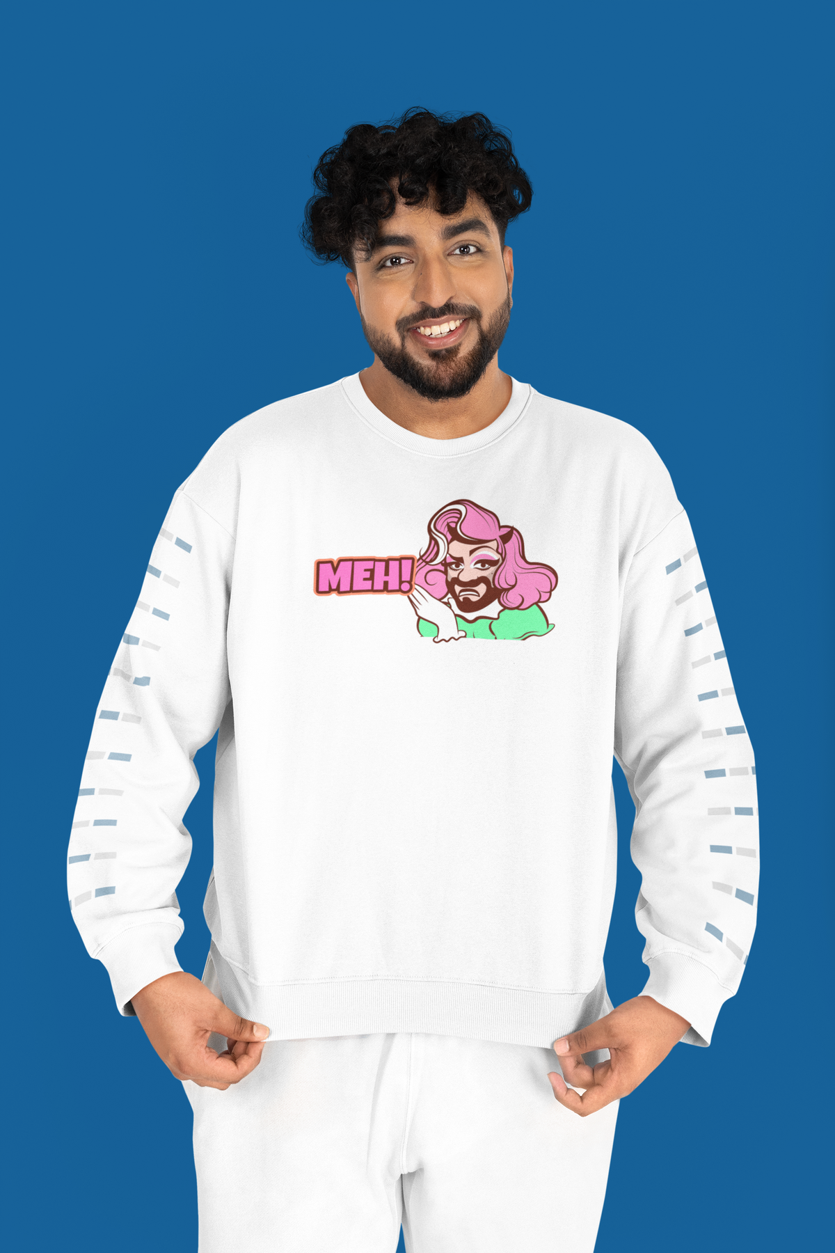 'MEH!' funny pink haired character sweatshirt in white, man wearing it, blue background, sarcastic gift
