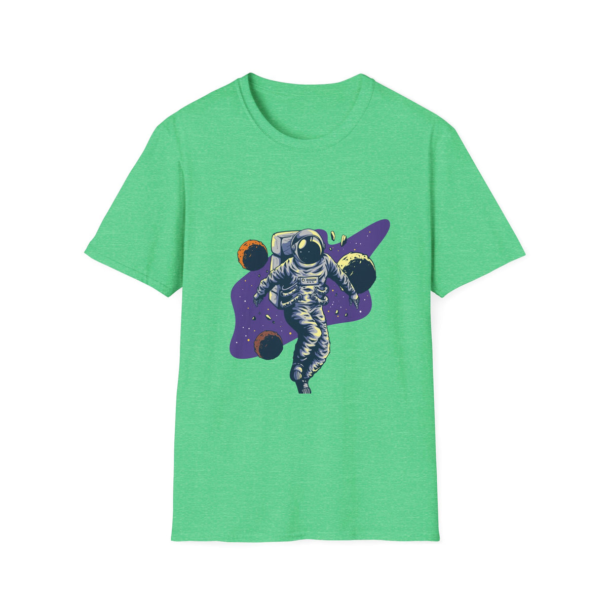 "Spacing Out" astronaut planet t-shirt in heather Irish green, flat lay front print, funny space gift