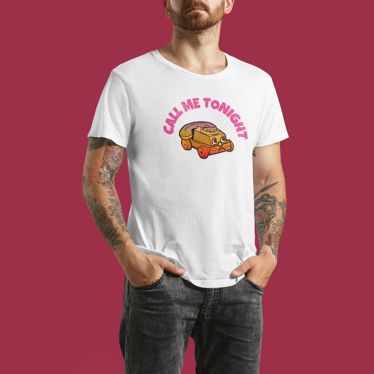 'Call Me Tonight' funny car t-shirt in white, tattooed man wearing it, funny graphic tee for him