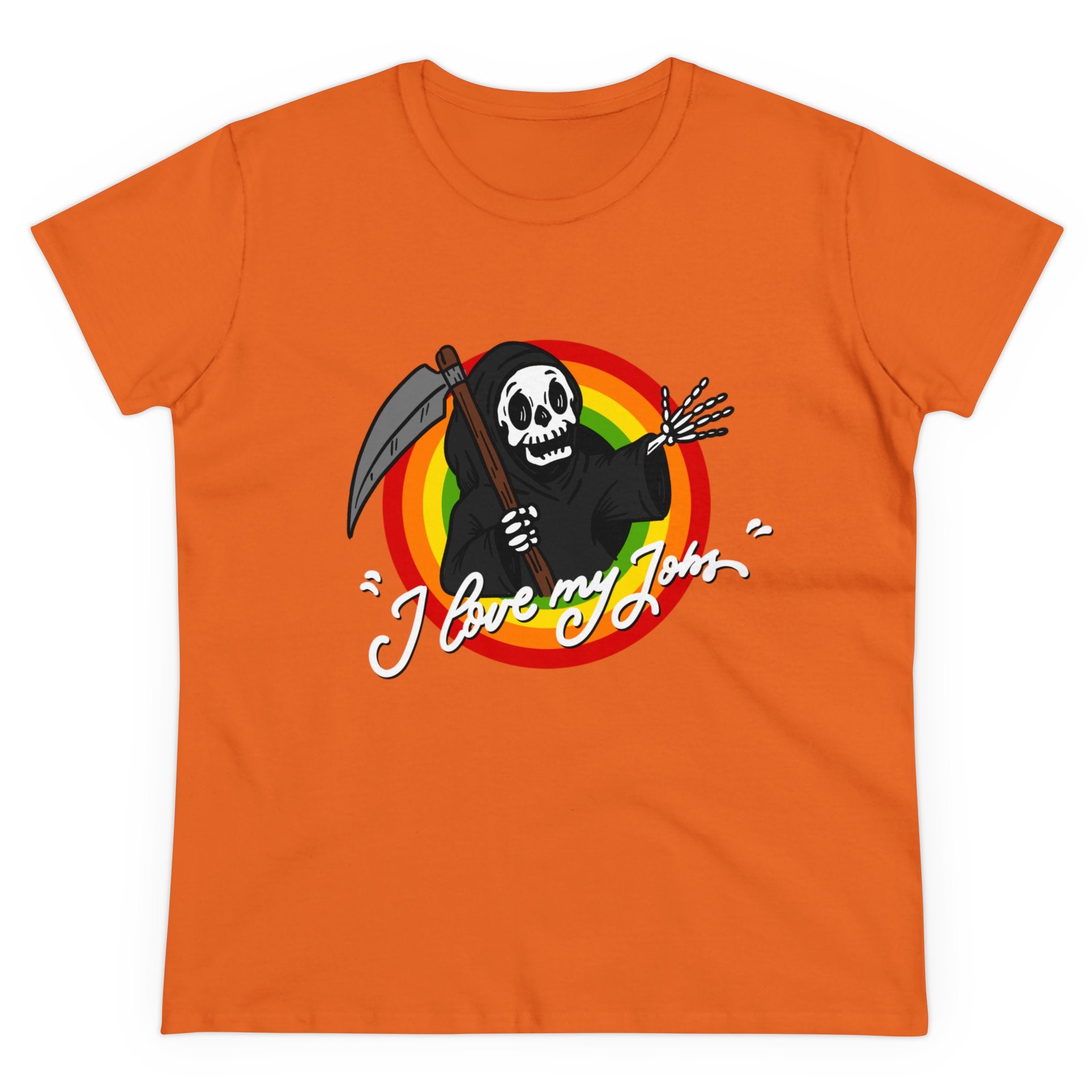 Orange T-shirt featuring a cartoon Grim Reaper with a scythe and the text "I love my job" in playful font, made from soft, comfortable cotton. Perfect for fans of quirky humor, our Love My Jobs - Women's Tee is as comfy as it is fun.