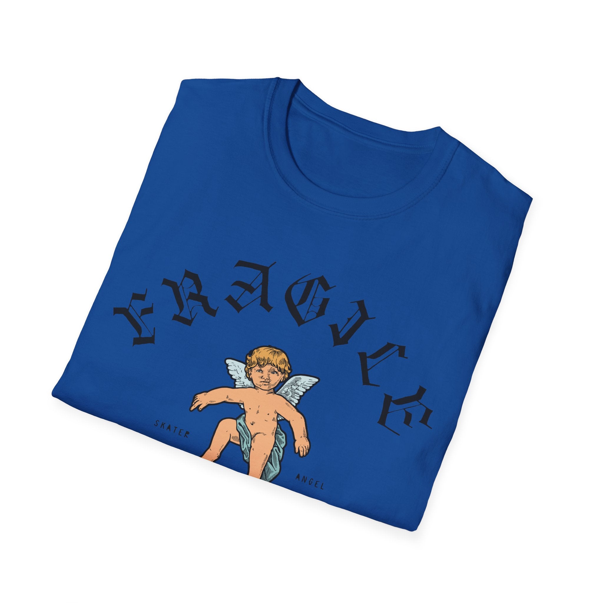 Relaxed fit Skater Angel blue T-shirt featuring a graphic of a small angel with wings skating and the word "FRAGILE" in stylized text.