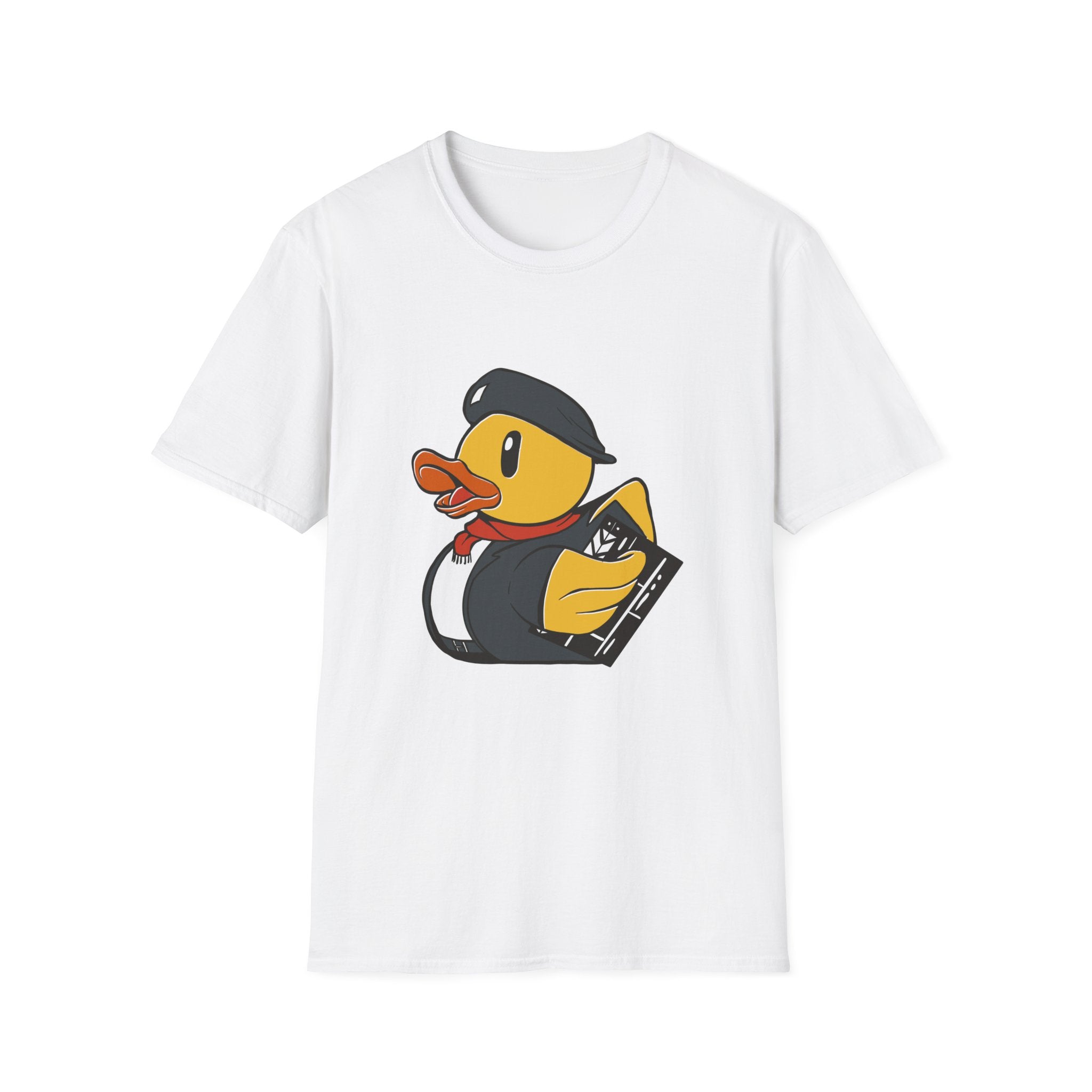 Check out the Director Duck T-Shirt, a comfortable cotton tee featuring a whimsical cartoon duck dressed as a detective and holding an accordion. Add this quirky and cozy piece to your wardrobe for some added flair.