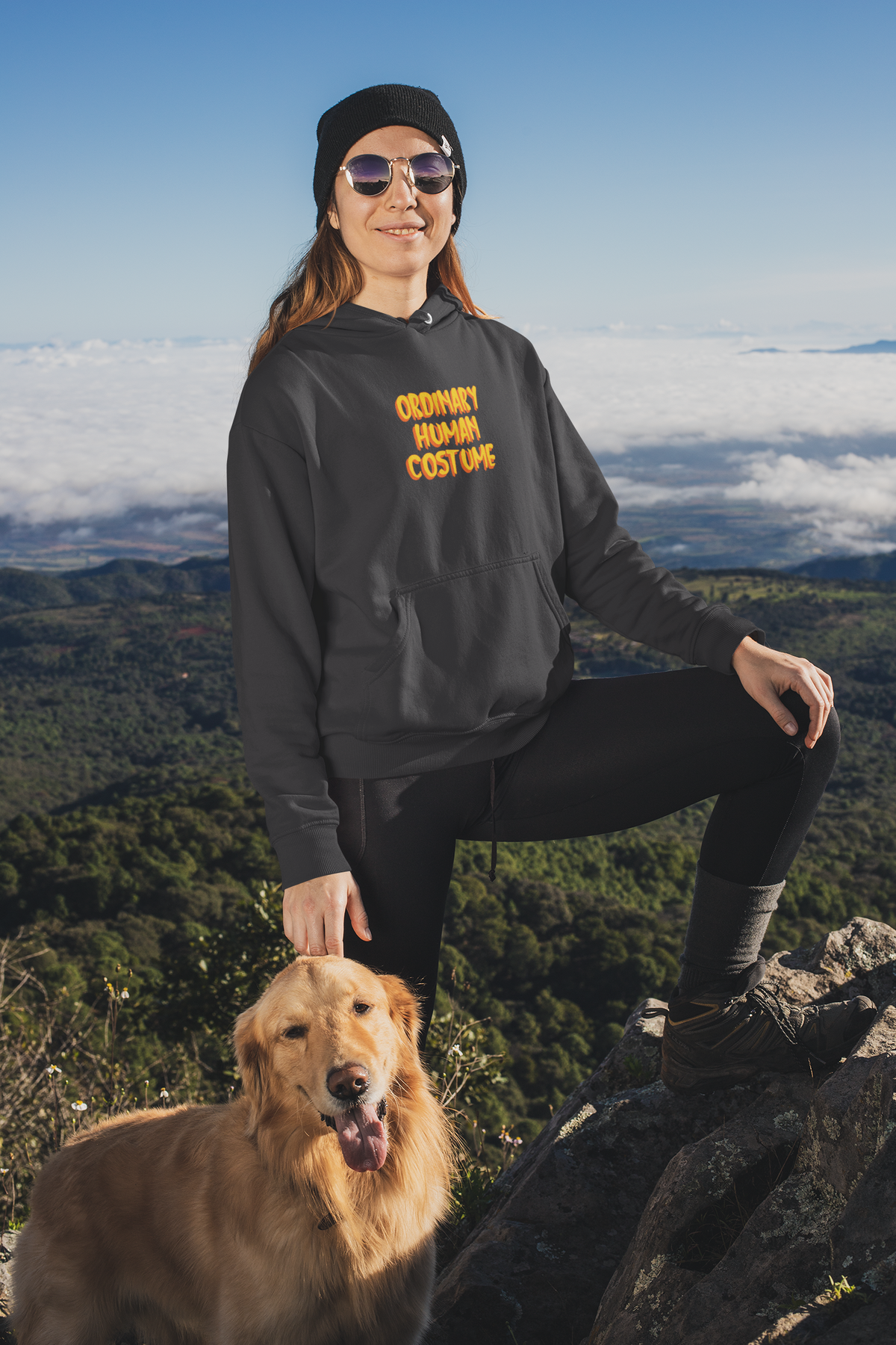 'Ordinary Human Costume' funny halloween hoodie in charcoal, woman hiking mountain with dog, gift