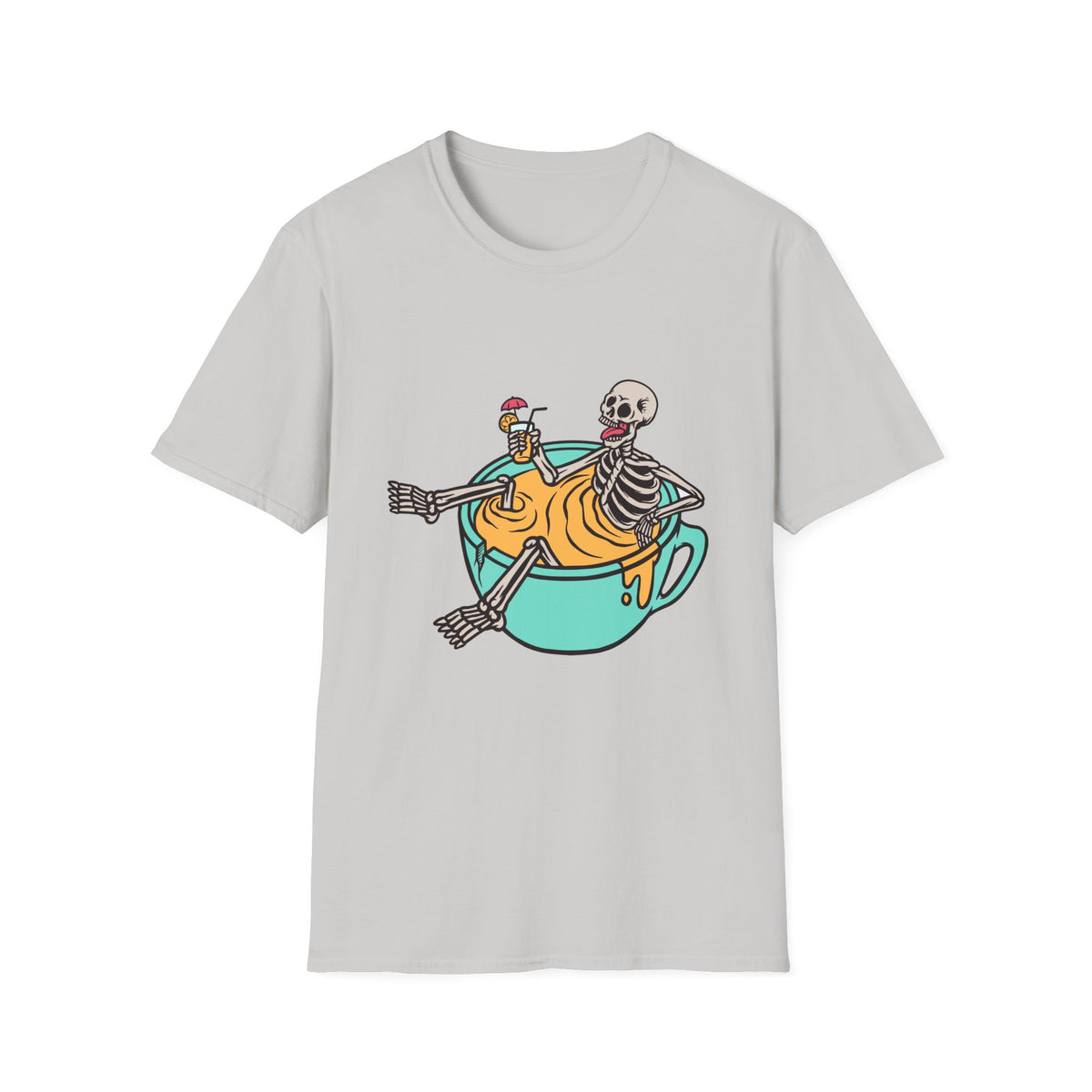 'Relaxing Skull' skeletons in a teacup t-shirt in ice grey, front print visible, funny gift for coffee lovers