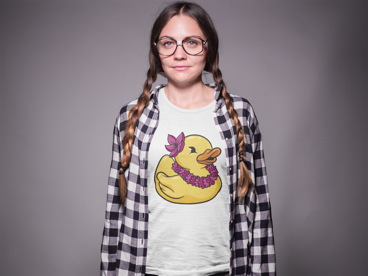 Hawaiian lei duck t-shirt in white, woman model with braids wearing it, funny tropical vacation gift