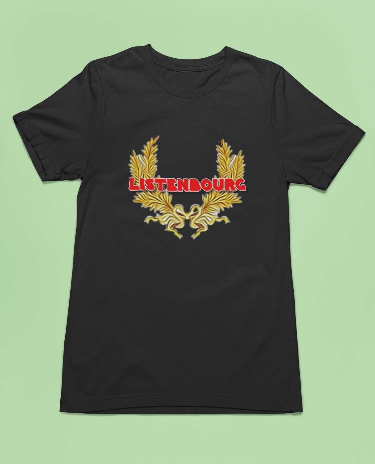 'Listenbourg' laurel wreath t-shirt in black, flat lay on green background