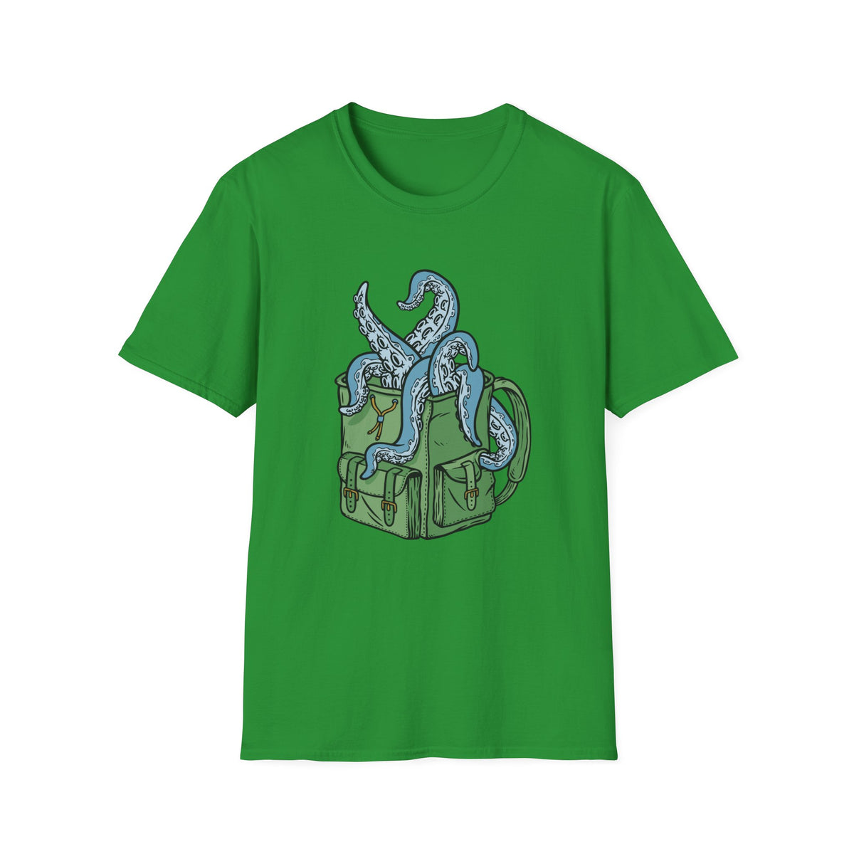 'Octopus Comes Out of the Bag' t-shirt in Irish green, flat lay front, funny gift for campers and hikers