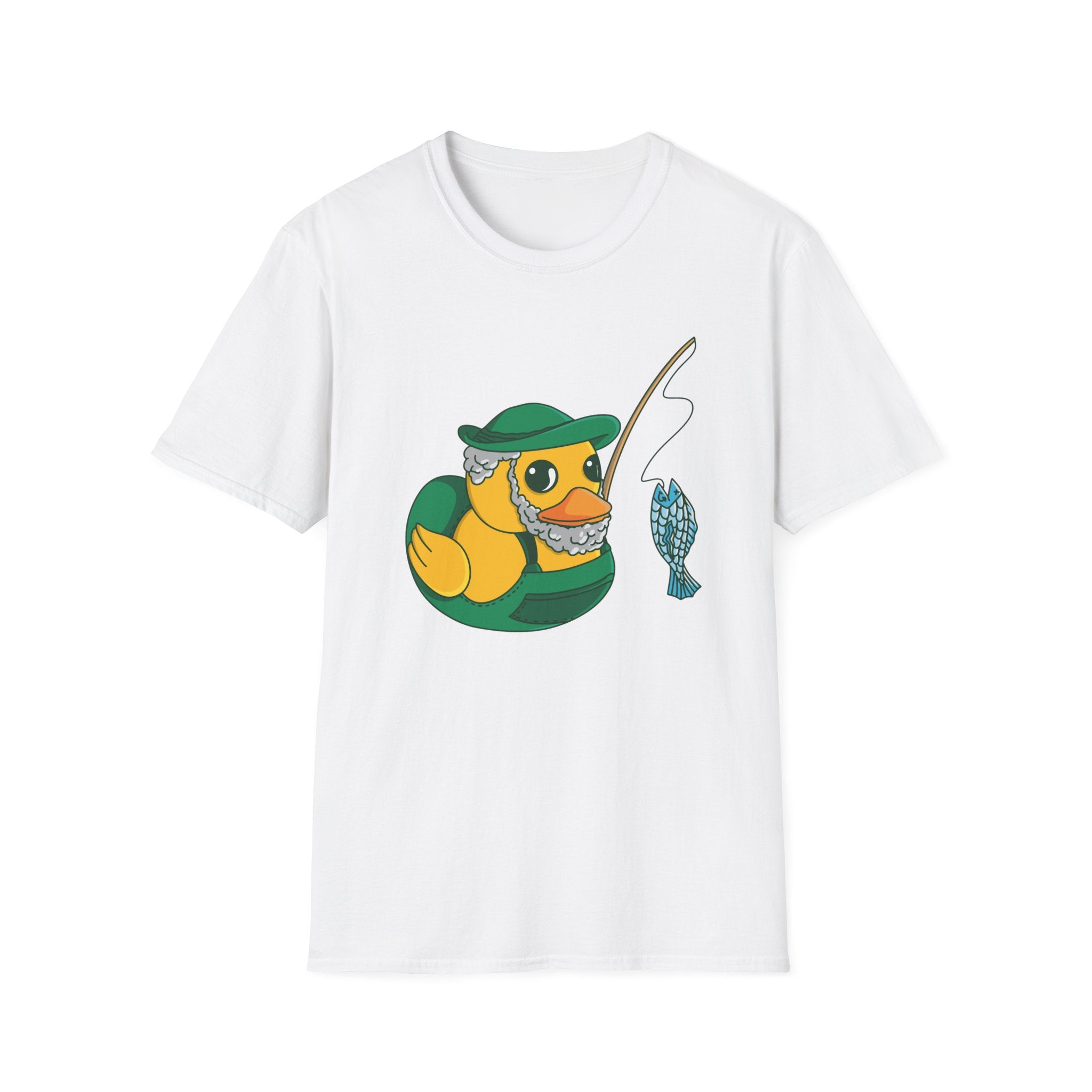 Fisherman Duck T-Shirt: A white shirt showcasing a graphic of a yellow duck wearing a green hat, holding a fishing rod with a blue fish at the end—ideal for outdoor enthusiasts.