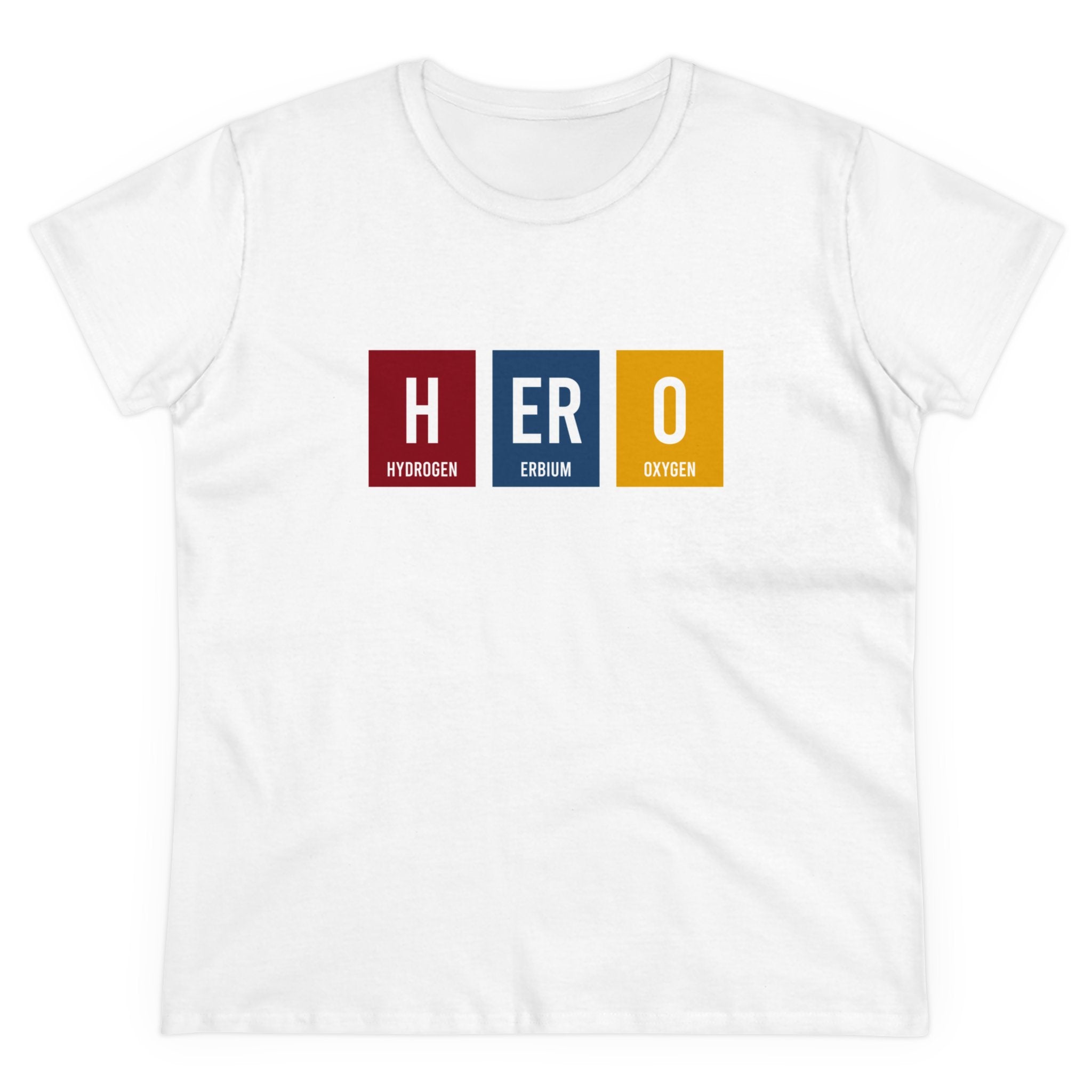 White T-shirt with the word "HERO" formed by elements from the periodic table: Hydrogen (H), Erbium (Er), and Oxygen (O). Enjoy ultimate comfort while embracing sustainability. Complete your look with a matching HERO - Hooded Sweatshirt.