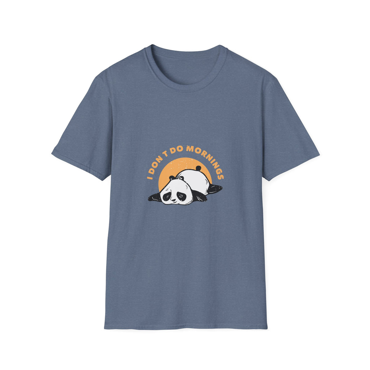 'I Don't Do Mornings' sleepy panda t-shirt in heather indigo, funny sunrise graphic tee