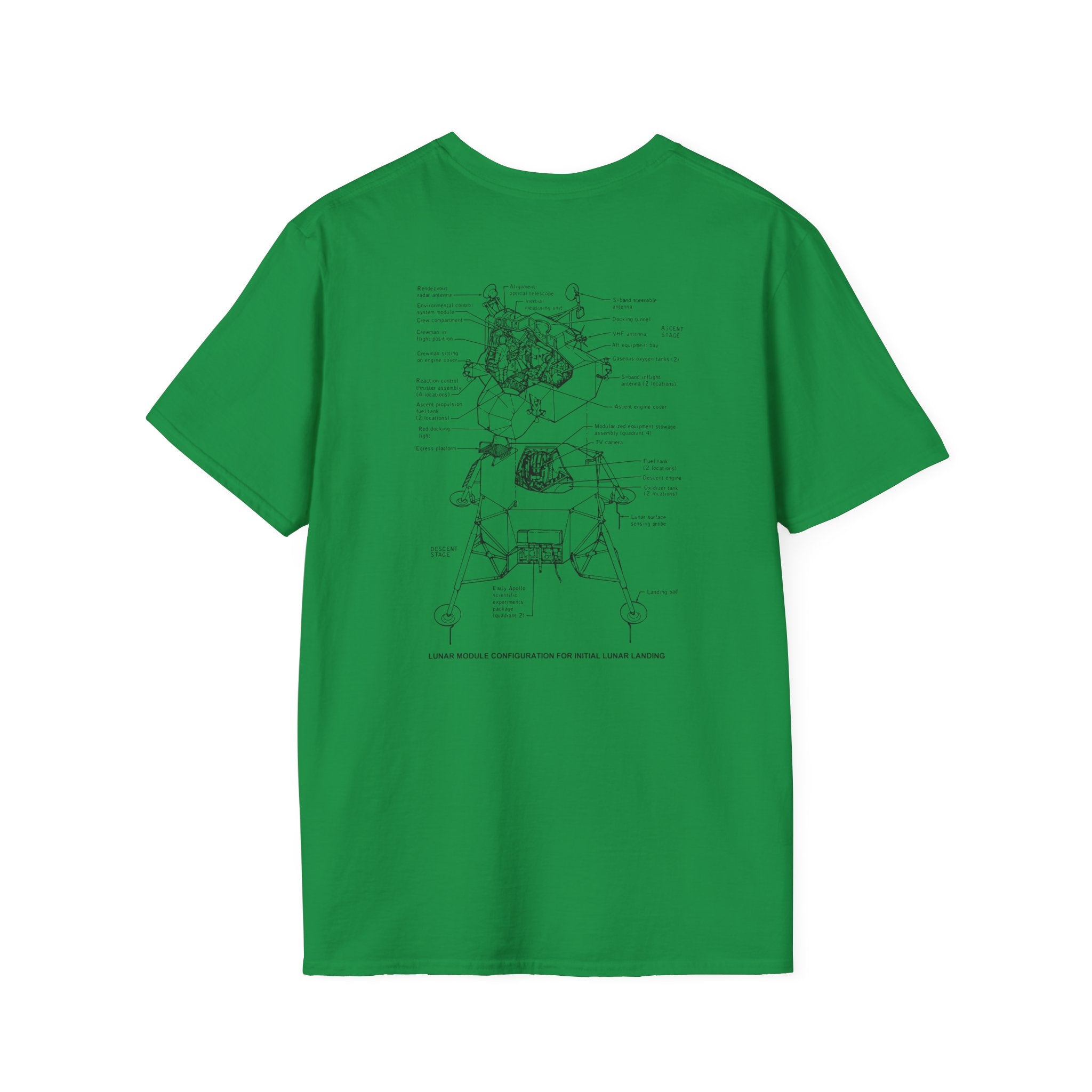 The Lunar Module for Landing T-Shirt is a green t-shirt with black line art and text on the back, inspired by the Apollo program, cleverly incorporating a diagrammatic representation reminiscent of a Lunar Module landing.