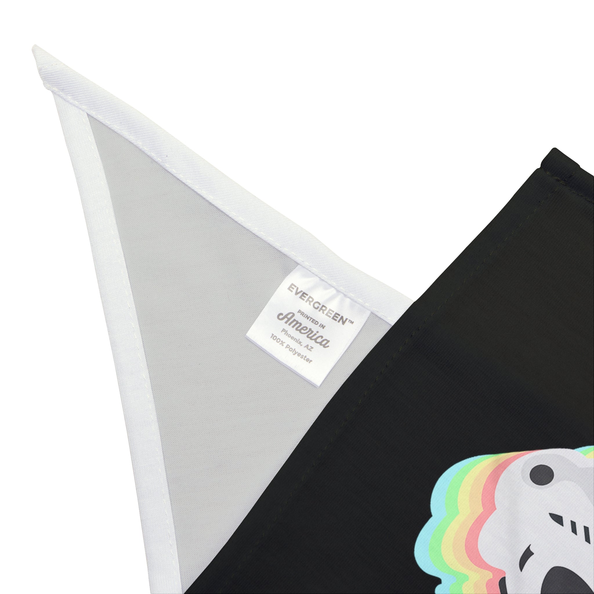 An Evergreen America product tag displayed on a black fabric pet bandana with a section of a colorful design visible, featuring a Star Wars Easter Stormtrooper - Pet Bandana.