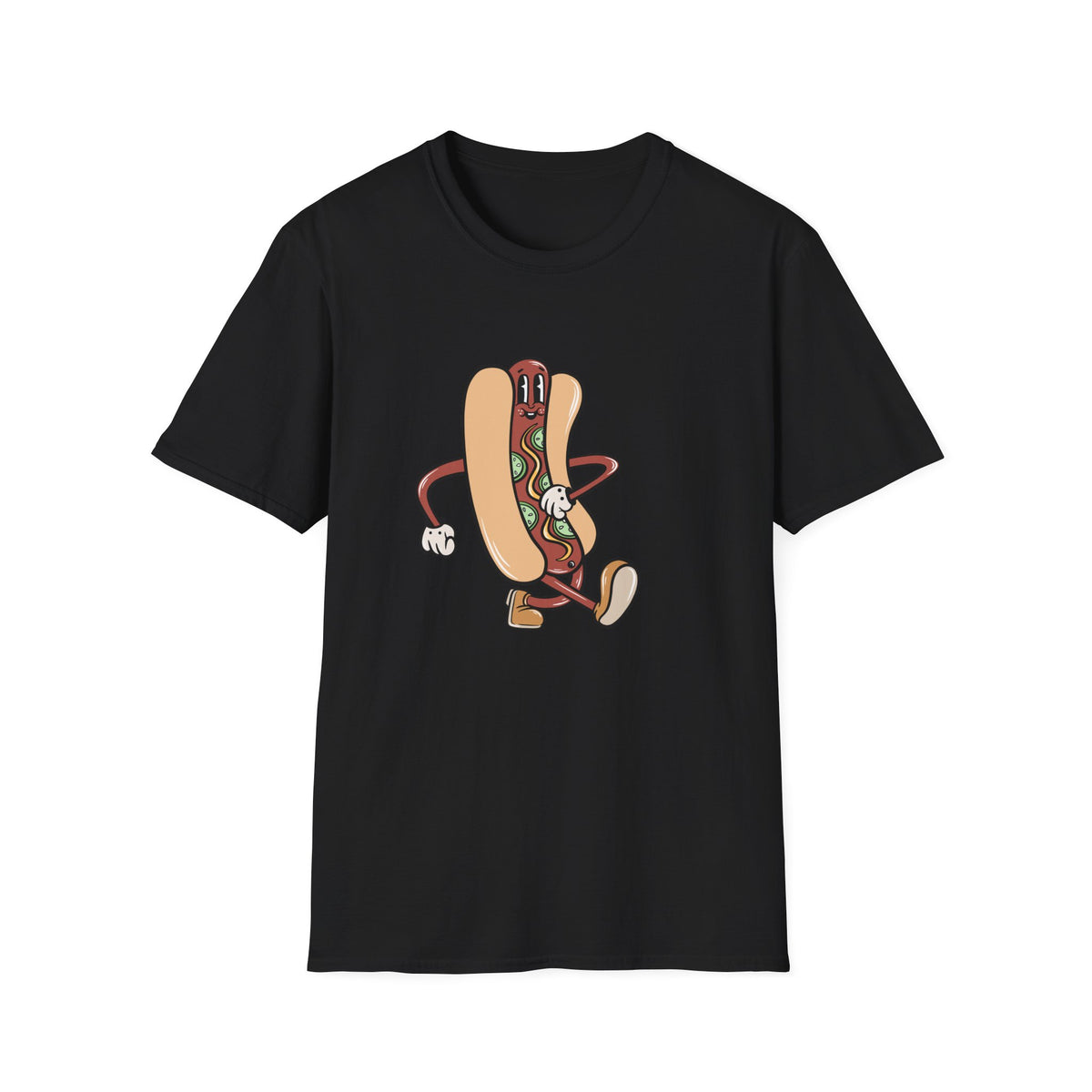 Hotdog Cartoon t-shirt in black, flat lay front print, funny cartoon food graphic tee