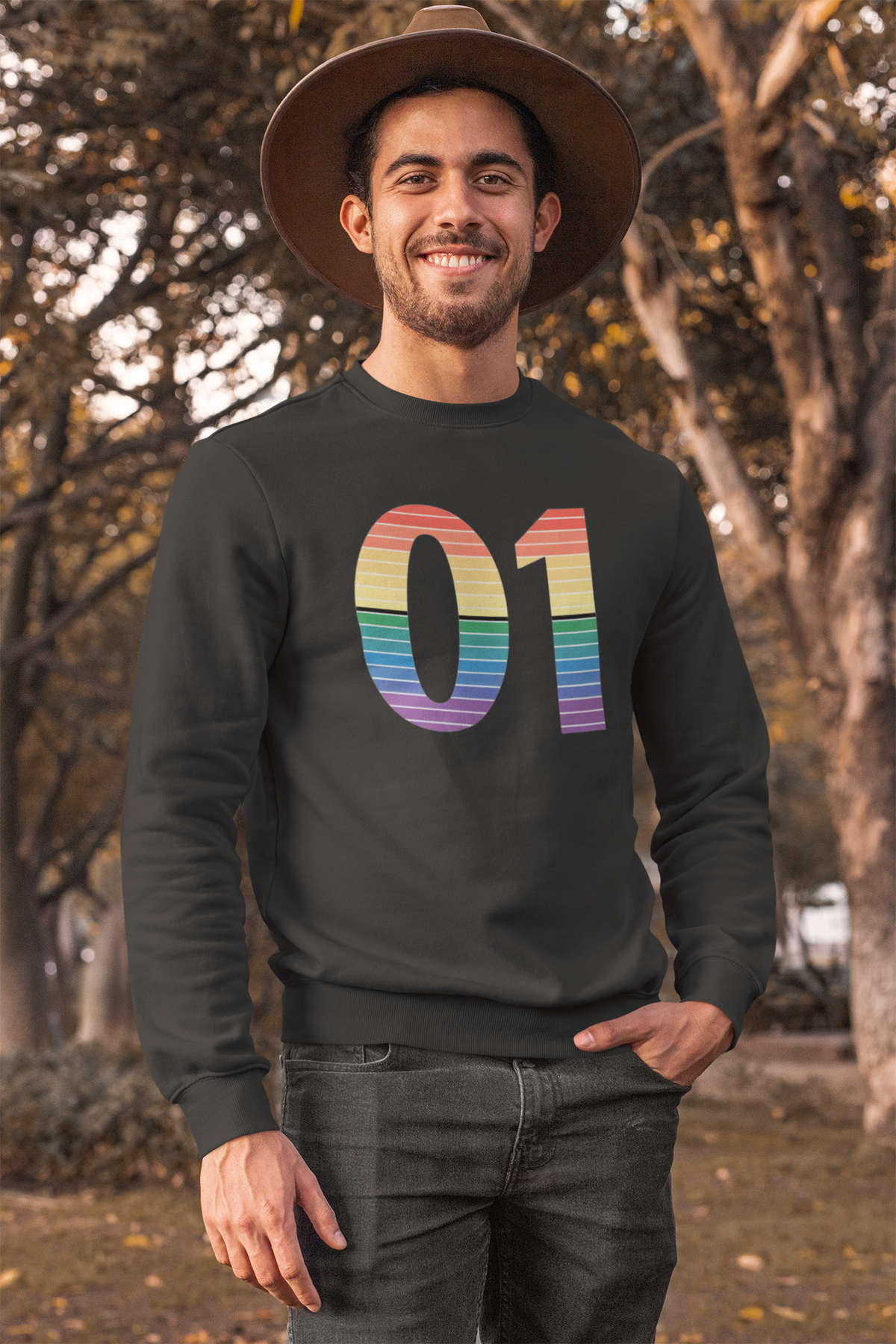 01 Binary sweatshirt in olive green with rainbow print, man wearing it outdoors, funny gift for coders