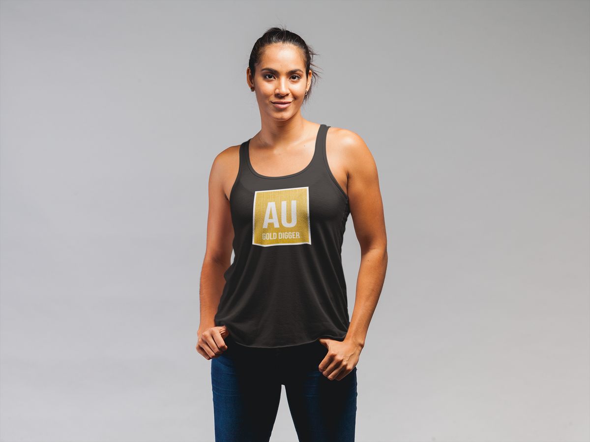 'AU Gold Digger' racerback tank top in black, woman wearing it in studio, funny chemistry pun gym gift