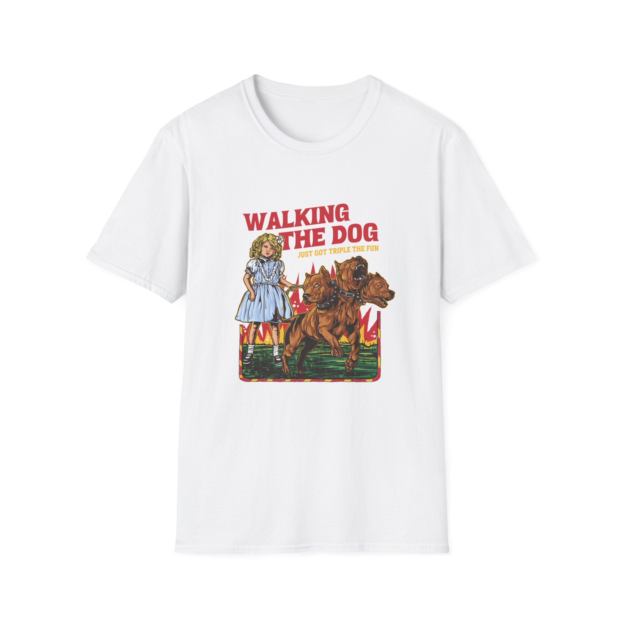 The Walking the Dog From Hell T-Shirt features a vintage-style image of a girl walking two lions, capturing the essence perfectly. Stand out and spark conversations with this hilarious and eye-catching T-shirt.