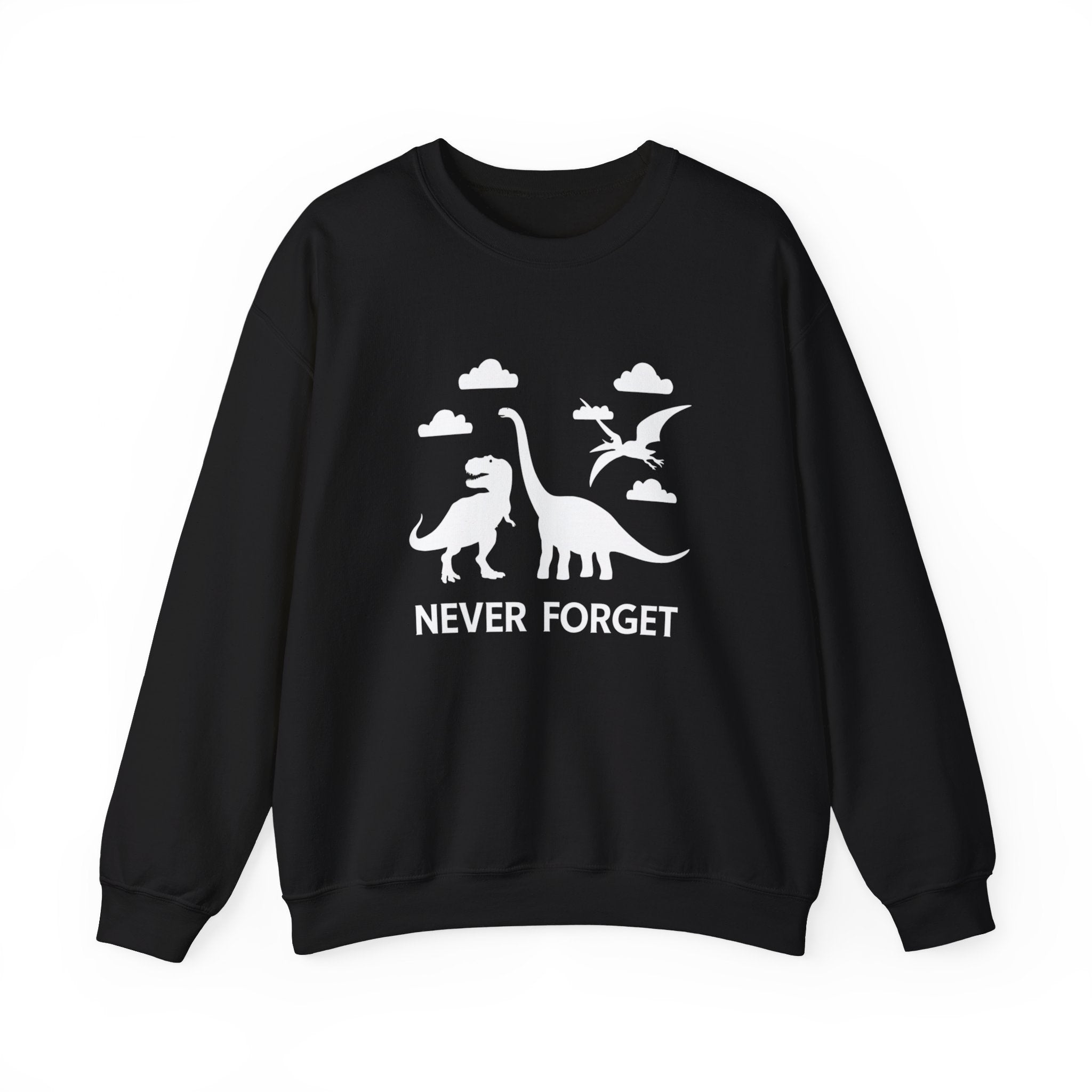 The Never Forget - Sweatshirt is a black, cozy addition to your winter wardrobe, featuring white silhouettes of dinosaurs and clouds with the phrase "NEVER FORGET" below the images.