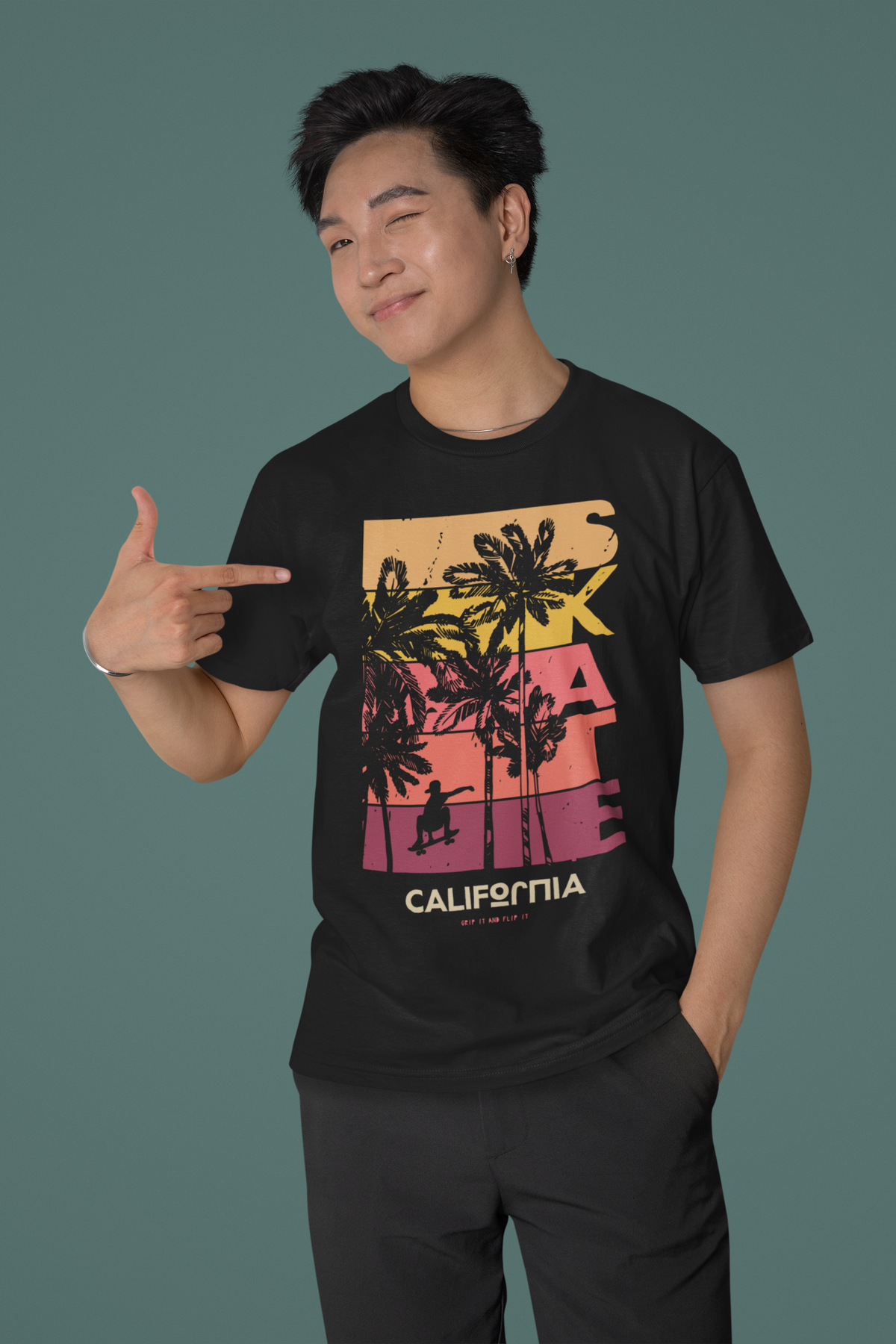 Skate California palm tree t-shirt in black, man wearing it, funny gift for skateboarders