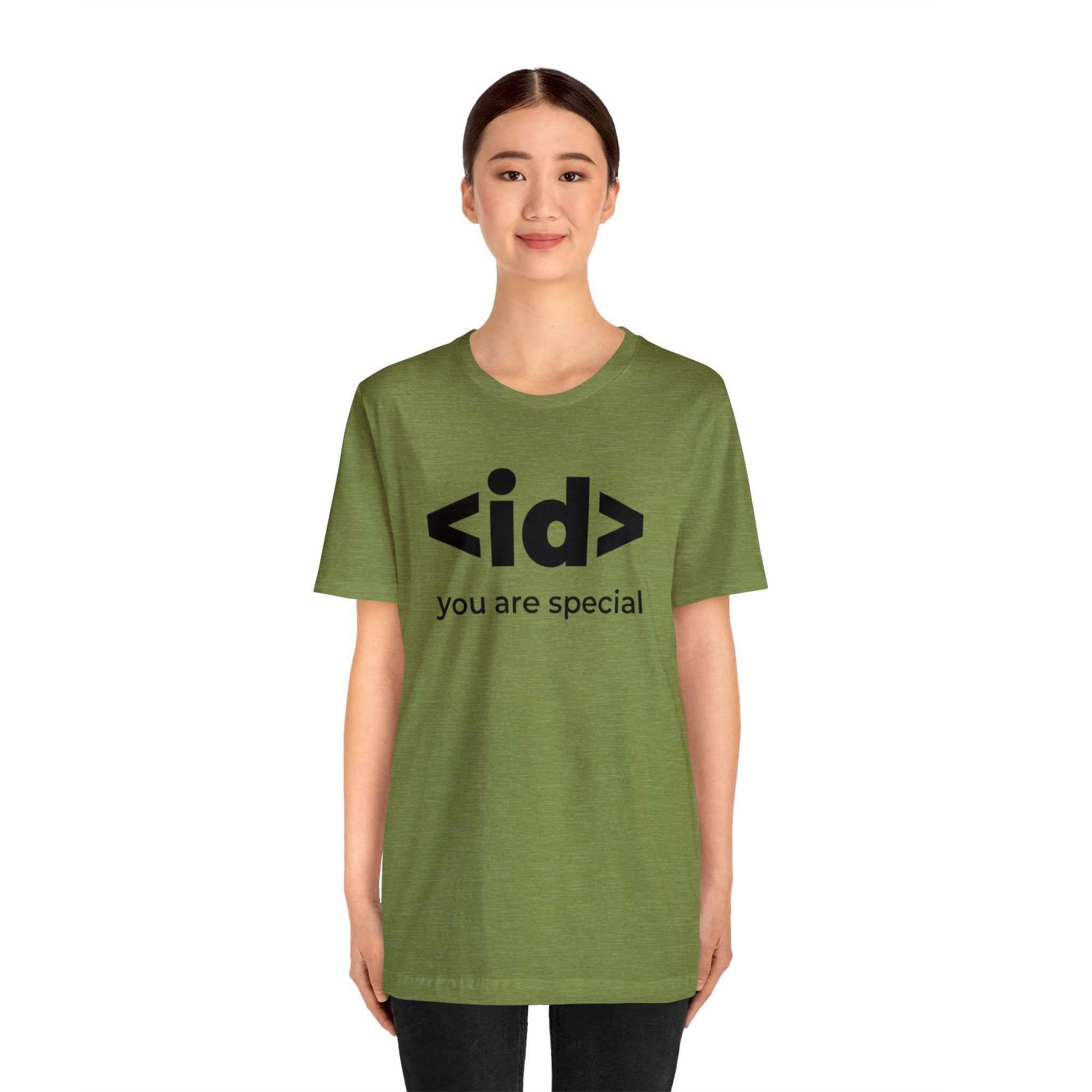 A woman wearing a green t-shirt "brilliantly" showing off the product "<id> You Are Special T-Shirt" on it.