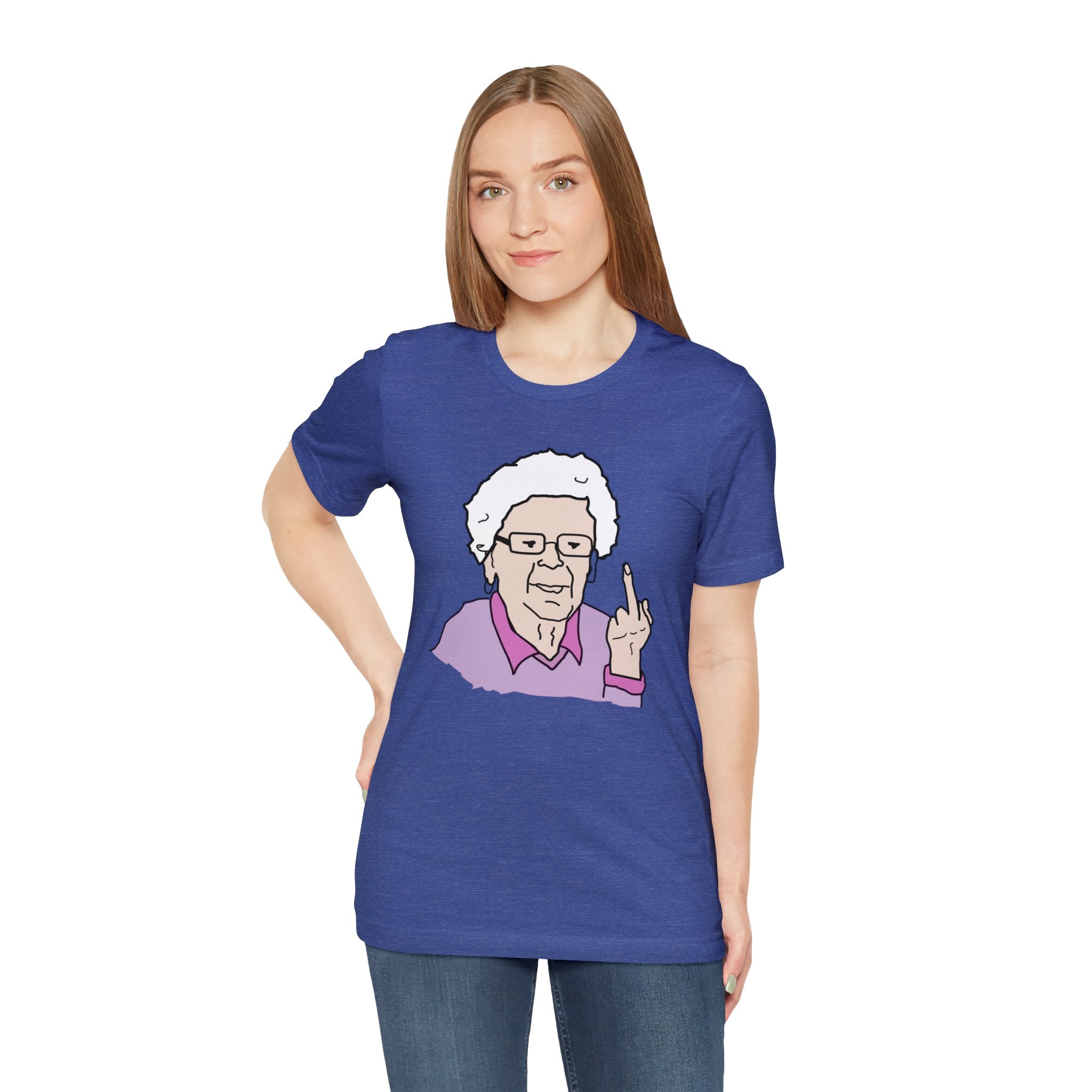 An older woman in a stylish blue Granny T-shirt.