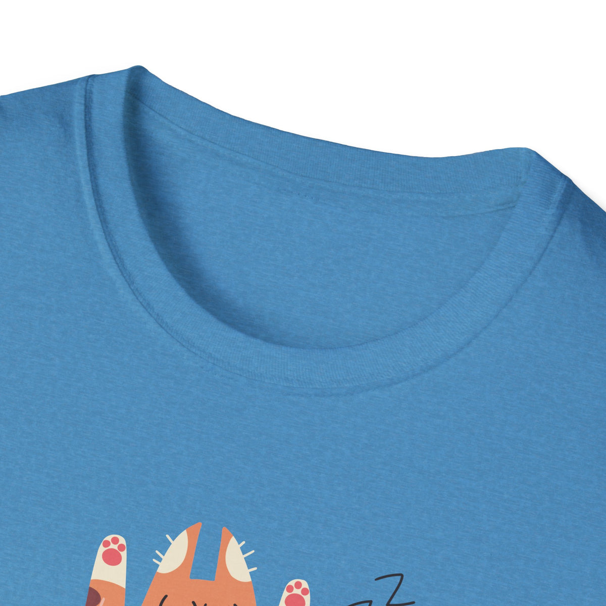 Close-up of You Make Me Go ZZZ sleepy cat print hem on teal blue t-shirt, funny cat lover detail