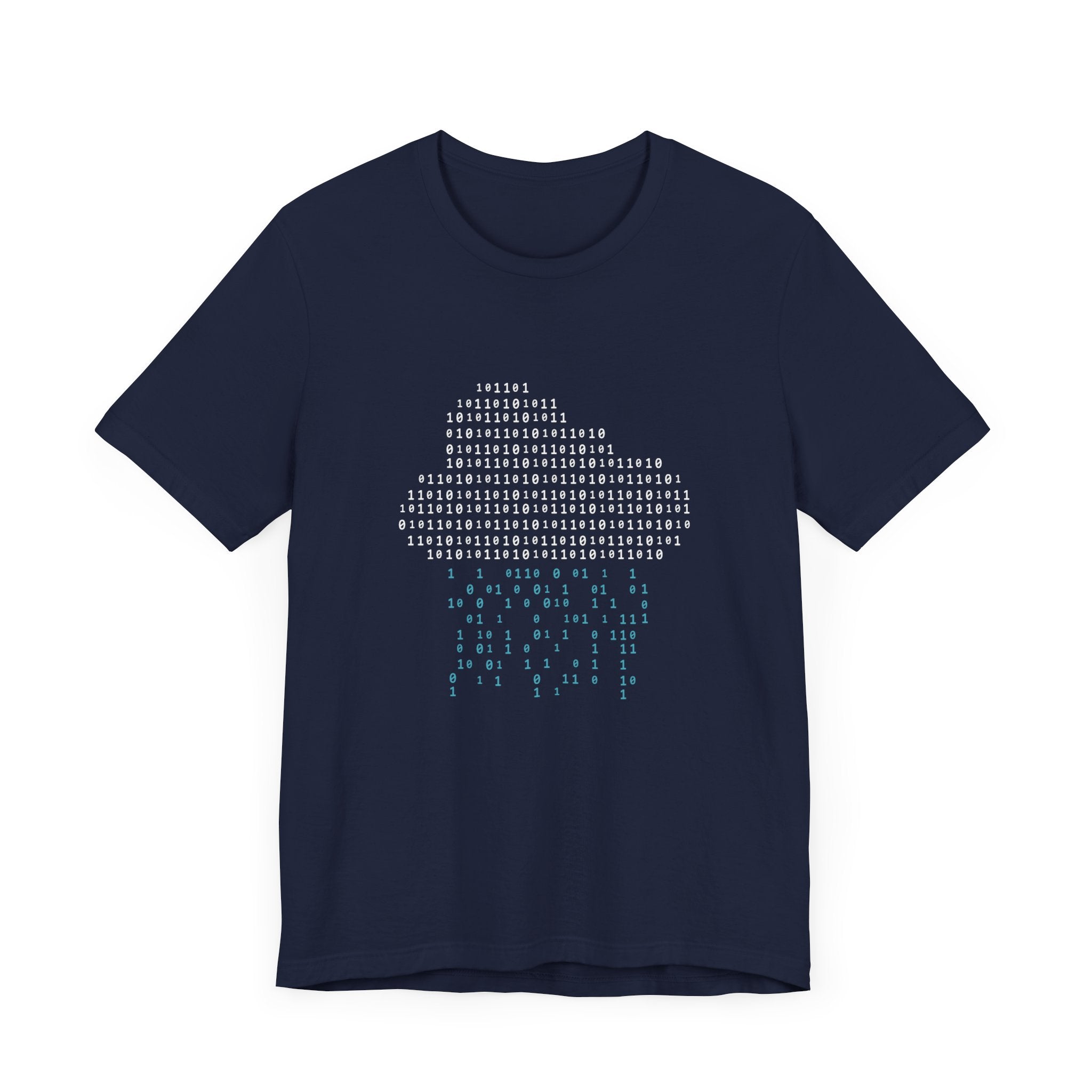 Binary Rain Cloud - T-Shirt featuring a design of a binary code pattern forming the shape of a cloud with rain, crafted from Airlume combed, ring-spun cotton.