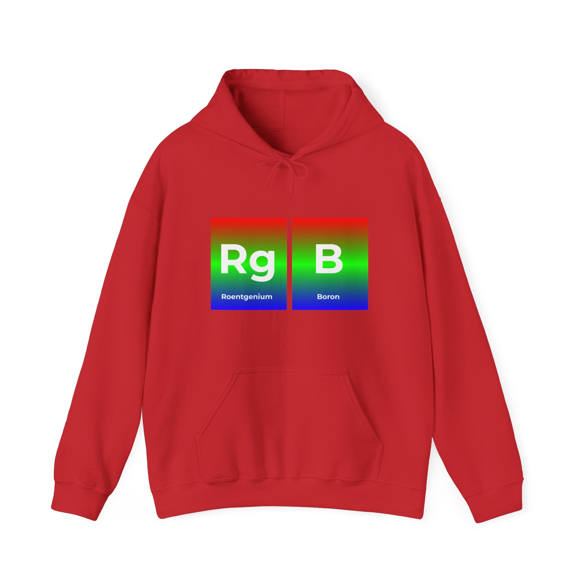 Red hooded sweatshirt featuring a graphic with elements Roentgenium (Rg) and Boron (B) from the periodic table, presented with a gradient background. Experience the unique style and comfort of RG-B - Hooded Sweatshirt designs.