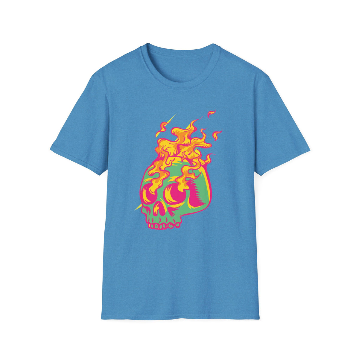 'Skull in Flames' psychedelic skull t-shirt in heather sapphire, flat lay front print visible, funny gothic pop art shirt