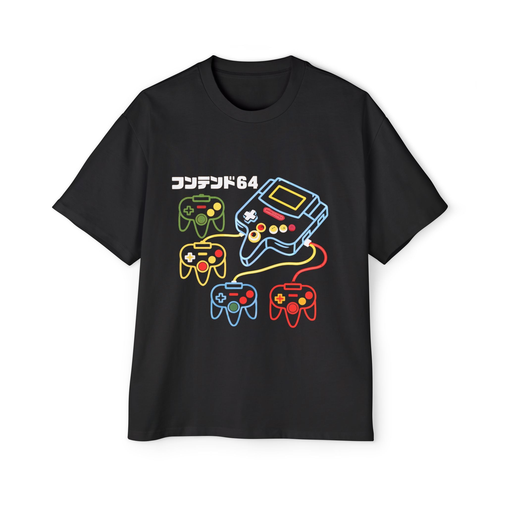 The Game Console - Heavy Oversized Tee is a black, oversized cotton t-shirt with a Nintendo 64 console graphic, four colorful controllers, and Japanese text above the console. Embrace retro style in this boxy-fit tee.