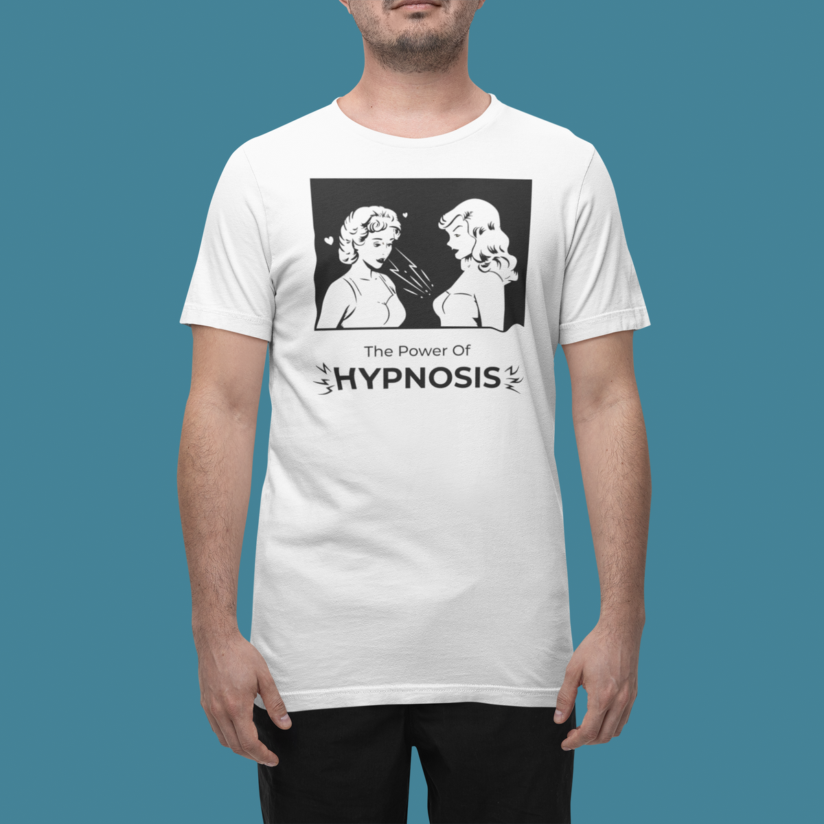 'The Power of Girls' t-shirt in white, man wearing it in a studio, T-Shirt mockup, Geekpsters