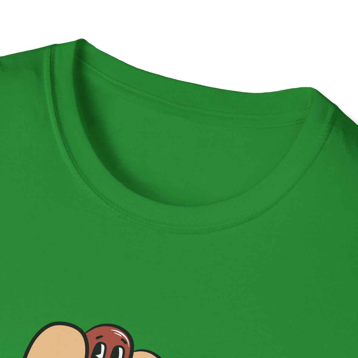 Close-up of Hotdog Cartoon print on green t-shirt collar, funny cartoon food graphic detail