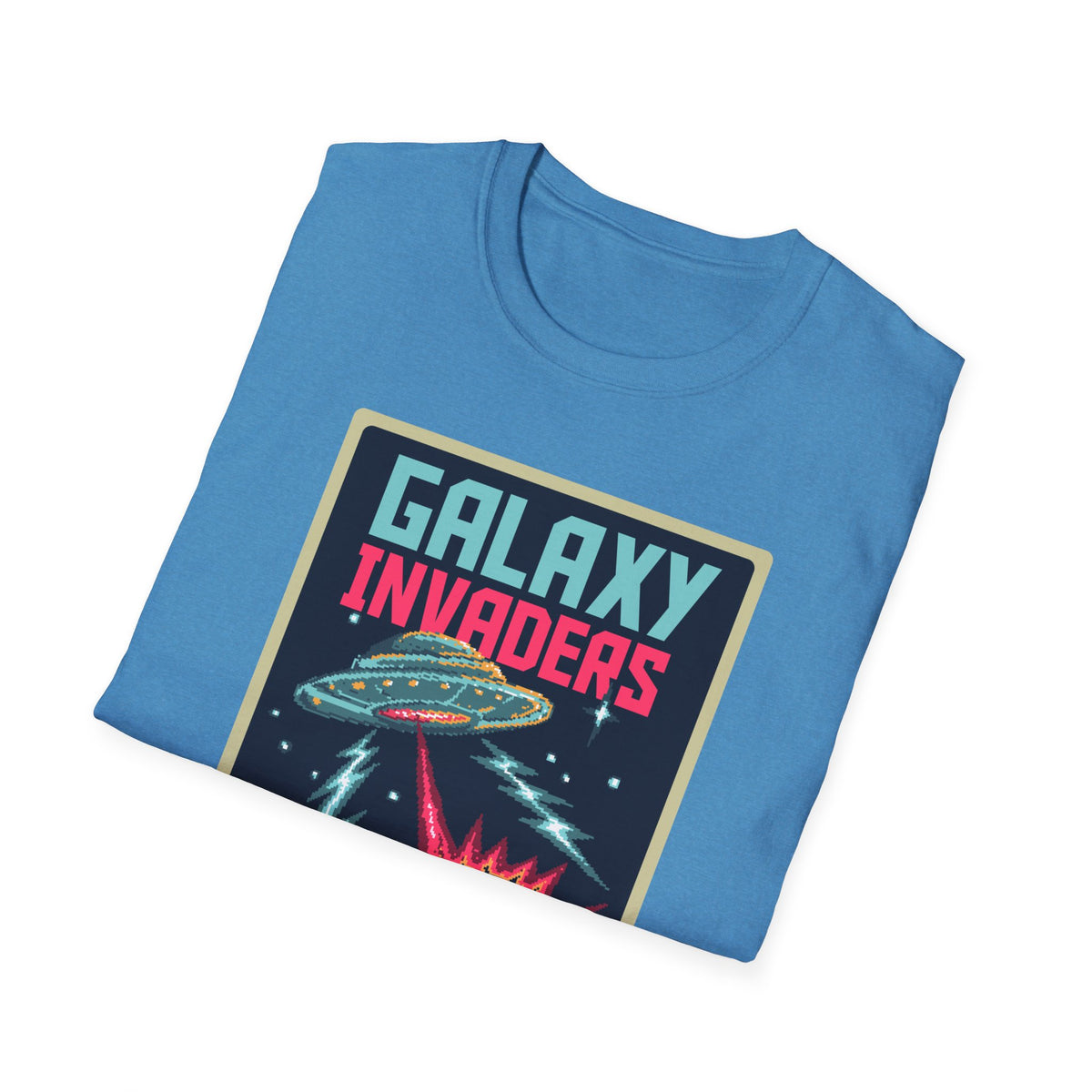 "Galaxy Invaders" pixel UFO t-shirt in denim blue, folded flat lay showing print, funny gamer gift