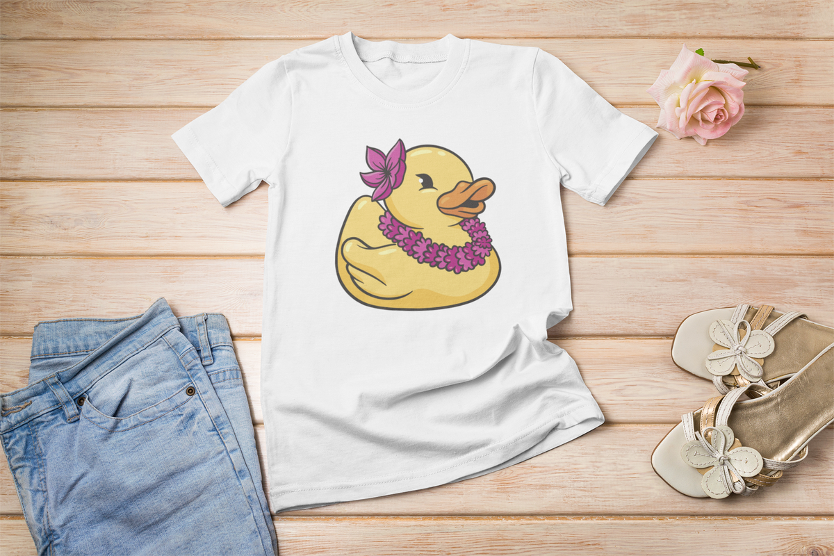 Hawaiian lei duck t-shirt in white, flat lay styled with denim and sandals, funny summer gift for duck lovers