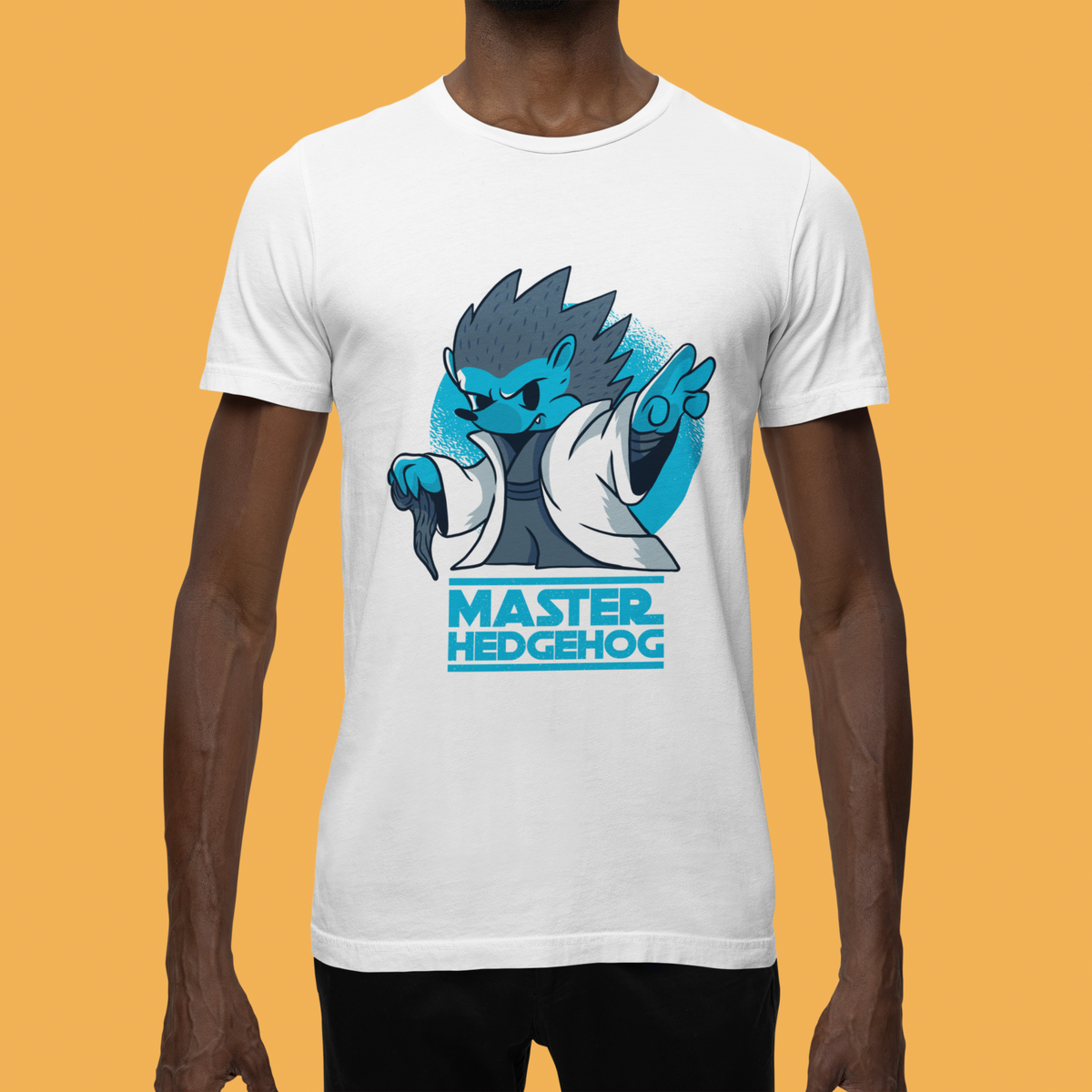 'Master Hedgehog' cartoon t-shirt in white, man wearing it on orange background