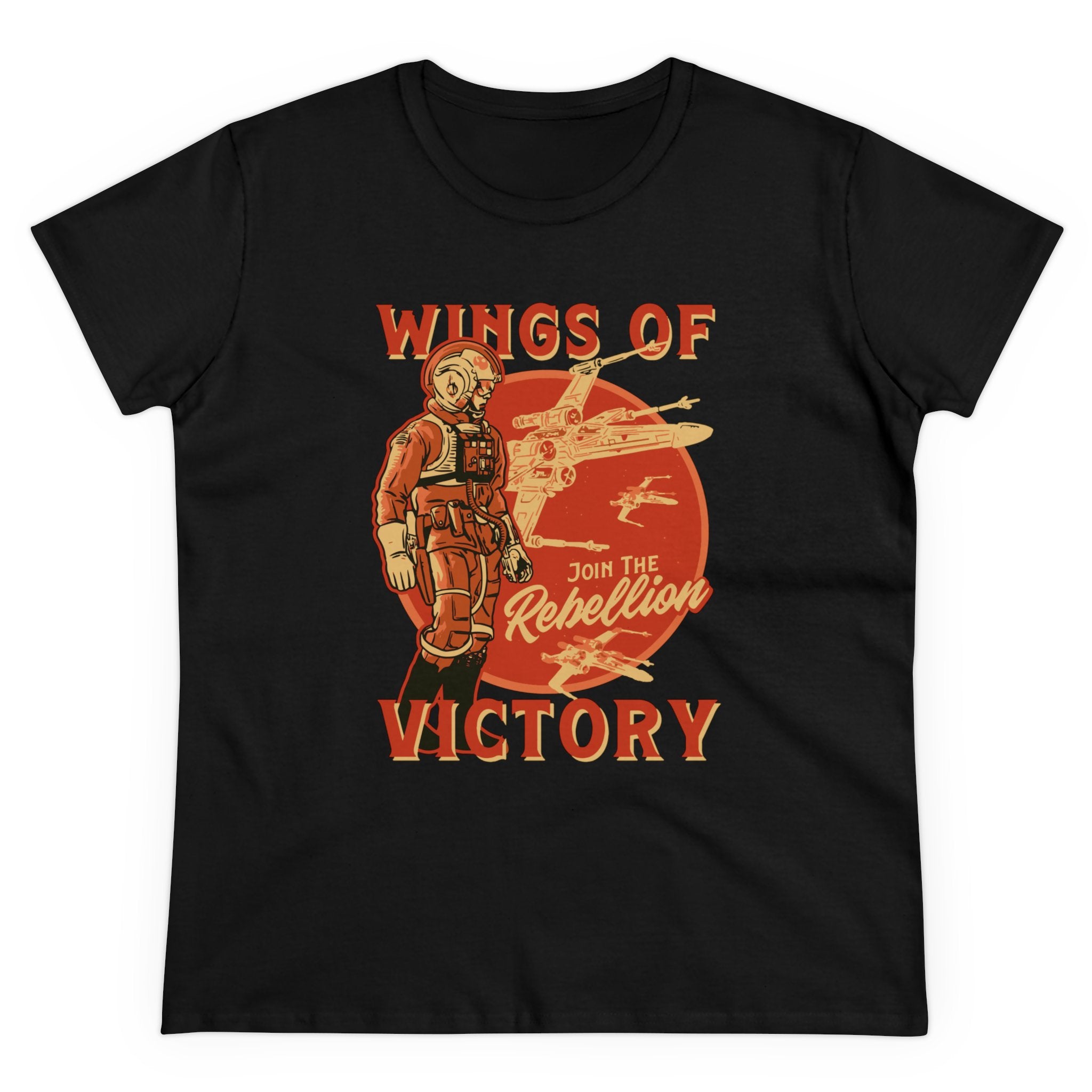 Black pre-shrunk t-shirt with a vintage-style graphic of a space pilot and aircraft, featuring the text "Wings of Victory - Women's Tee" and "Join the Rebellion" in red and yellow.