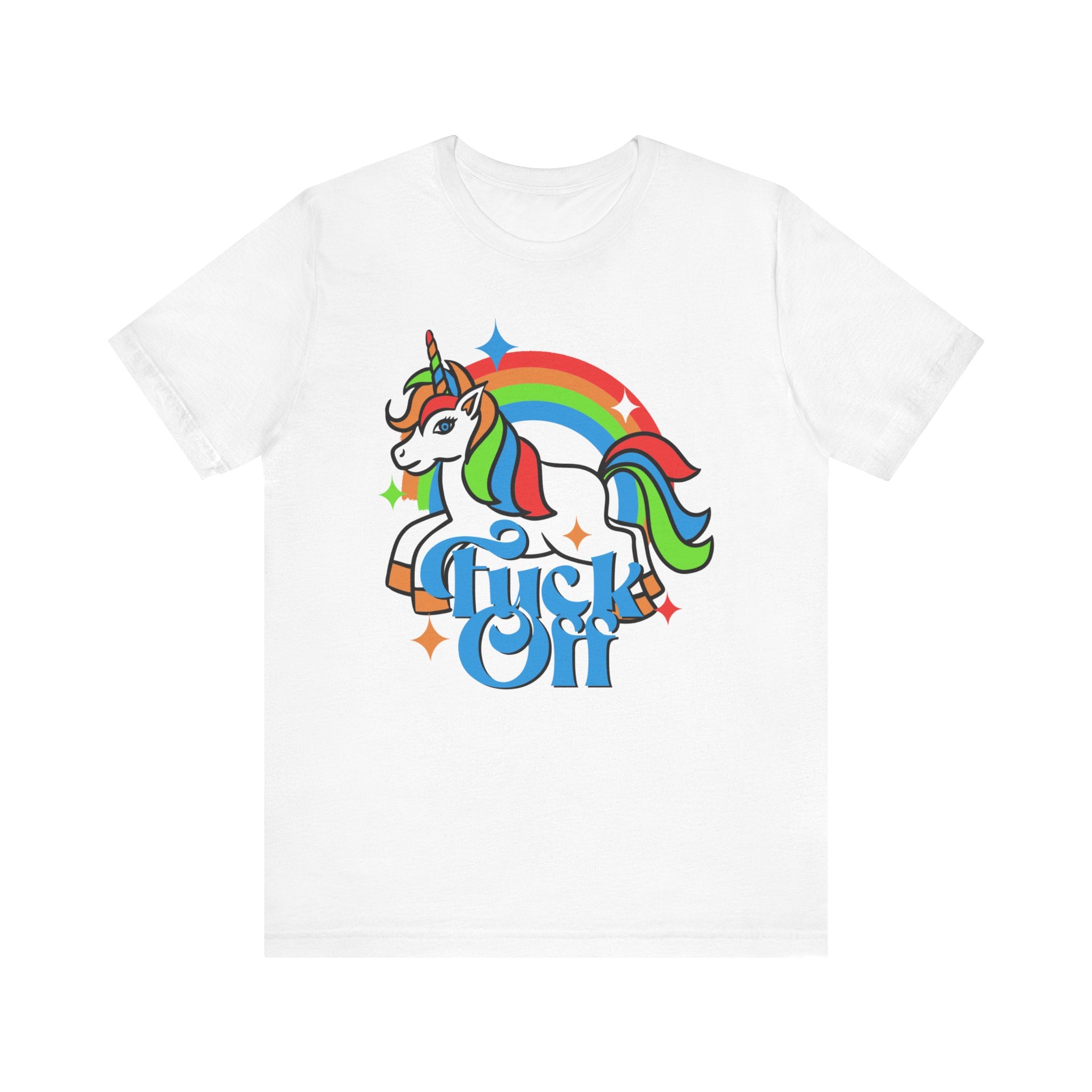 White cotton F off T-Shirt with a colorful graphic of a unicorn and a rainbow, and the text "chill out" in a playful font.