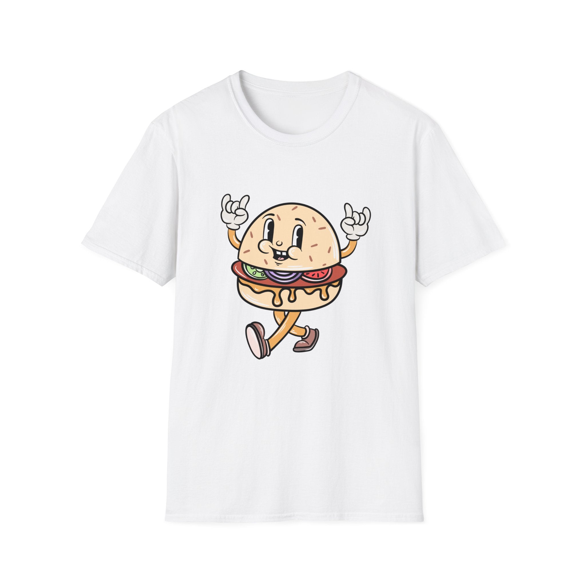 White T-shirt featuring the "Burger Cartoon" character with arms raised, wearing sneakers, and displaying a cheerful expression.