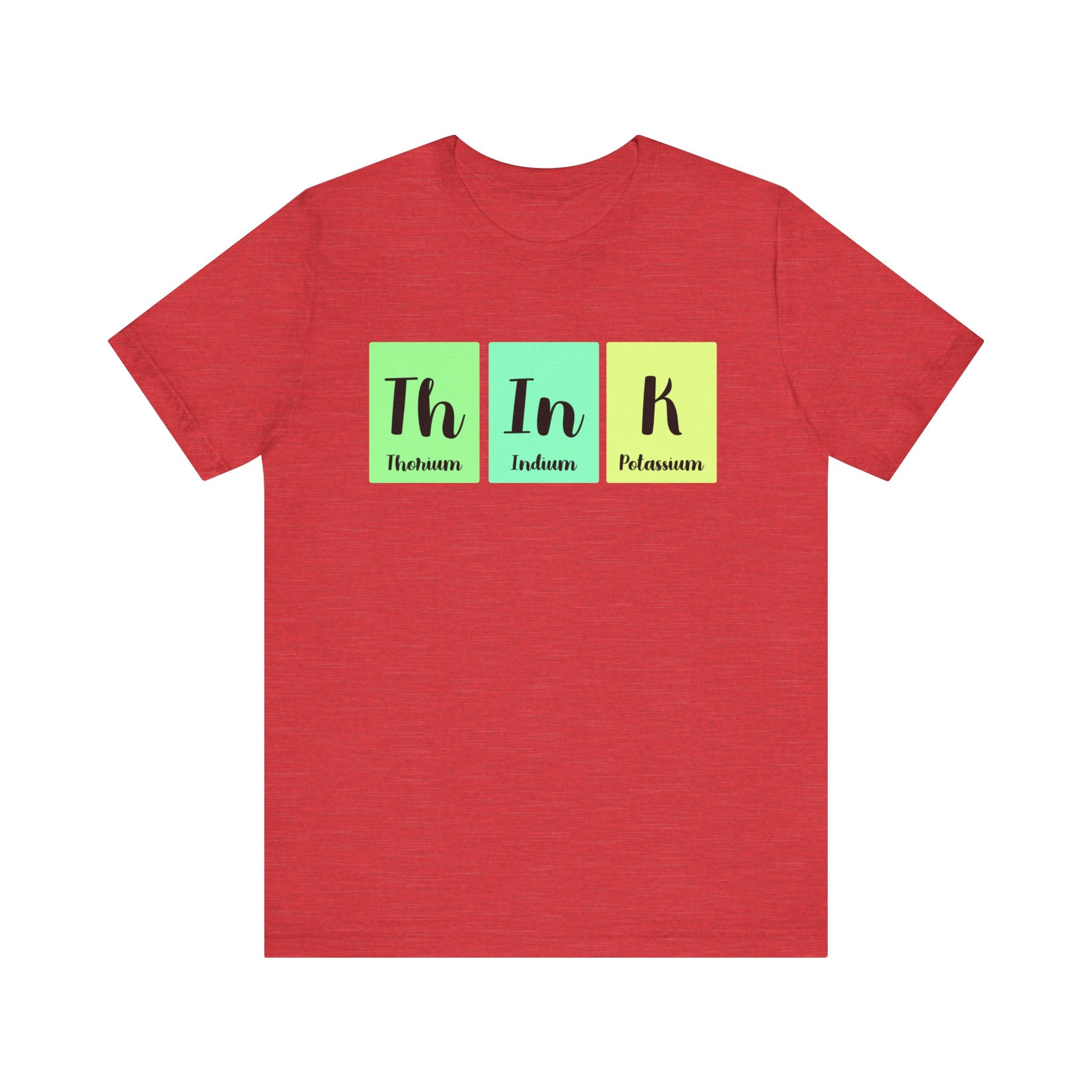 Red unisex jersey tee with the product Th-In-k displayed on it to spell "think.