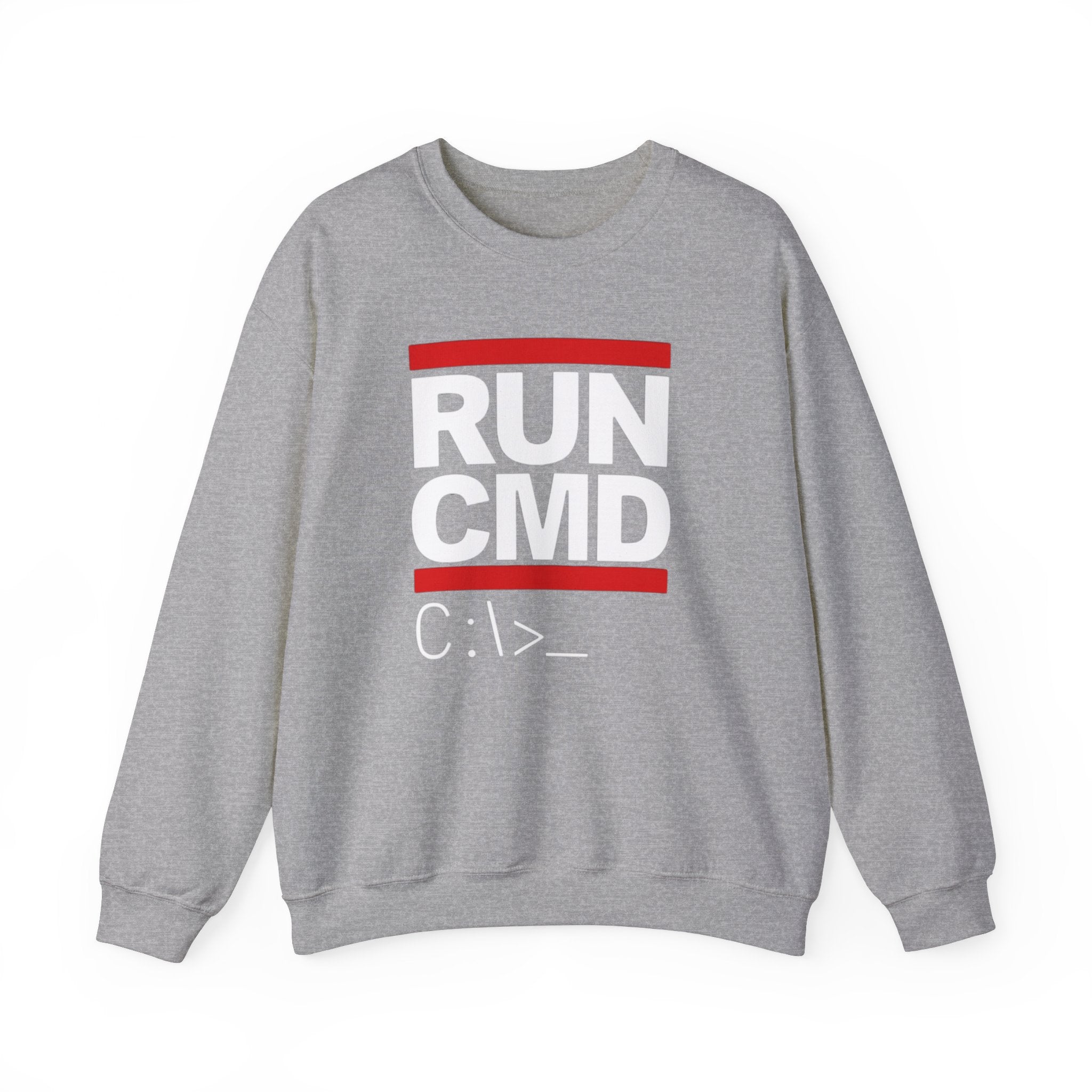RUN CMD - Sweatshirt featuring "RUN CMD" in bold white and red text on the front, above a "C:\>" command prompt symbol. Offers ultimate comfort and style for tech enthusiasts.