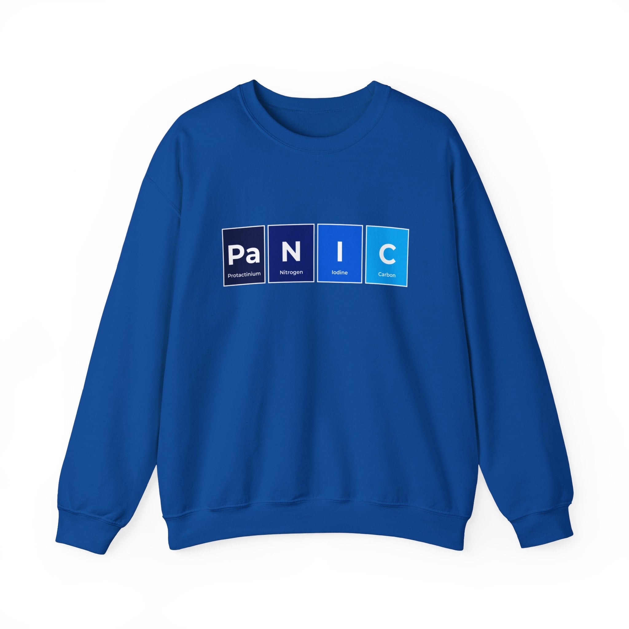 A cozy blue Pa-N-I-C - Sweatshirt perfect for the colder months, featuring a humorous design with periodic table elements: Phosphorus (P), Nitrogen (N), Iodine (I), and Carbon (C).