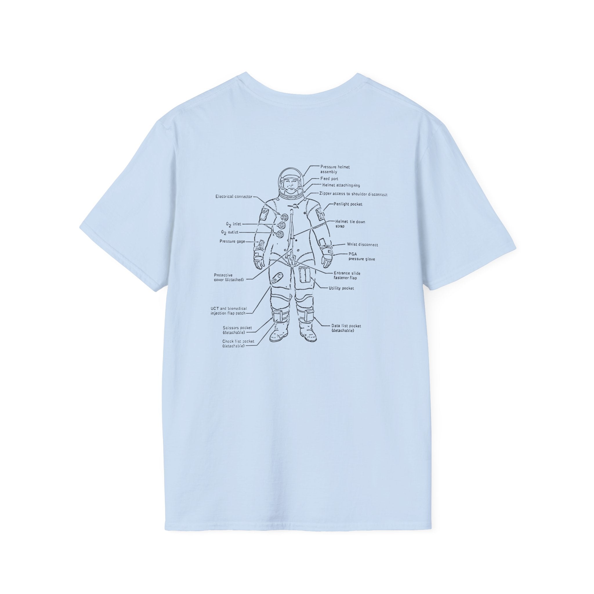 This light blue "Getting Ready to Love Again T-Shirt" is crafted from comfortable cotton and showcases a diagram of an astronaut suit on the back, complete with labels for various components. It's the ideal dating shirt for those seeking love beyond the stars.