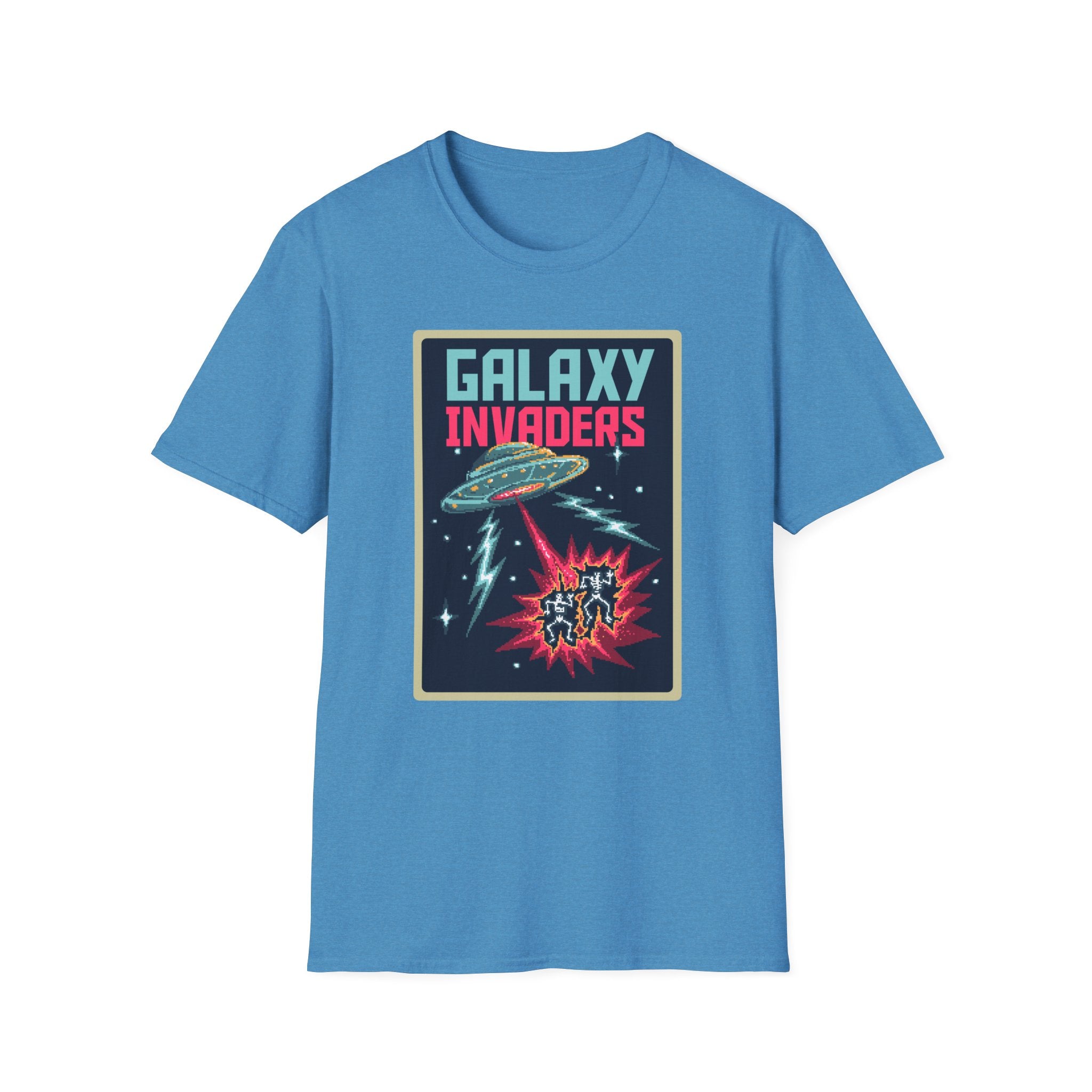 Blue Pixel Galaxy Invaders T-shirt featuring a retro design with a graphic of a pixelated spaceship, UFO, and laser beams.