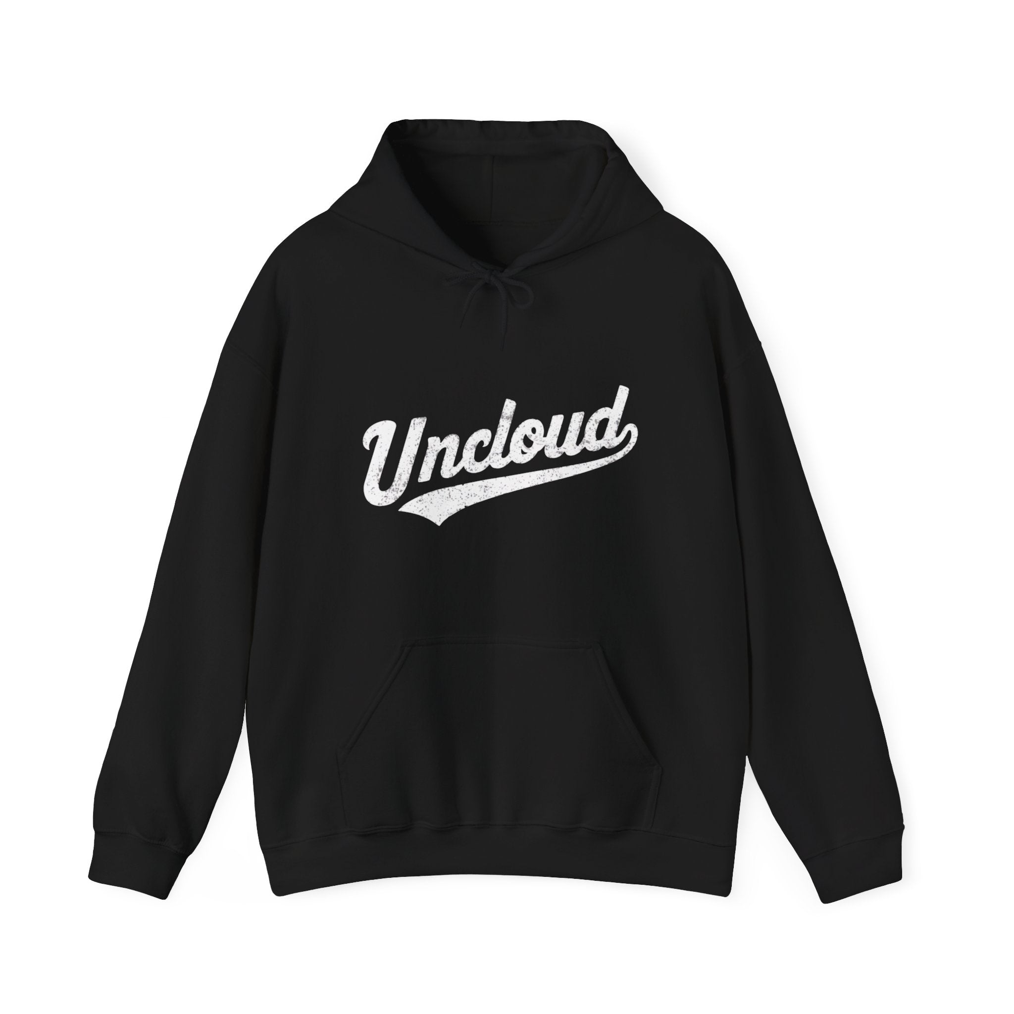 A Uncloud - Hooded Sweatshirt with the word "Uncloud" written in white, stylized, cursive text on the front. This heavy blend hoodie features a classic fit, a front pocket, and a drawstring hood.