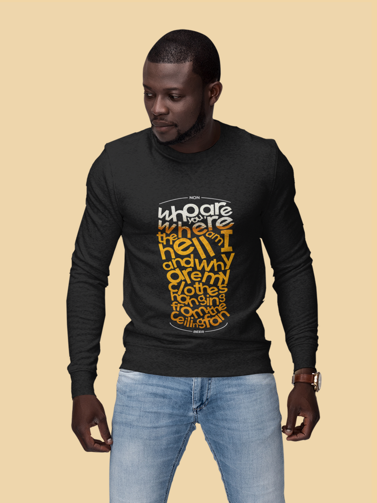 Beer Word Art crewneck sweatshirt in black, man in a hat wearing it outdoors, beer lover gift