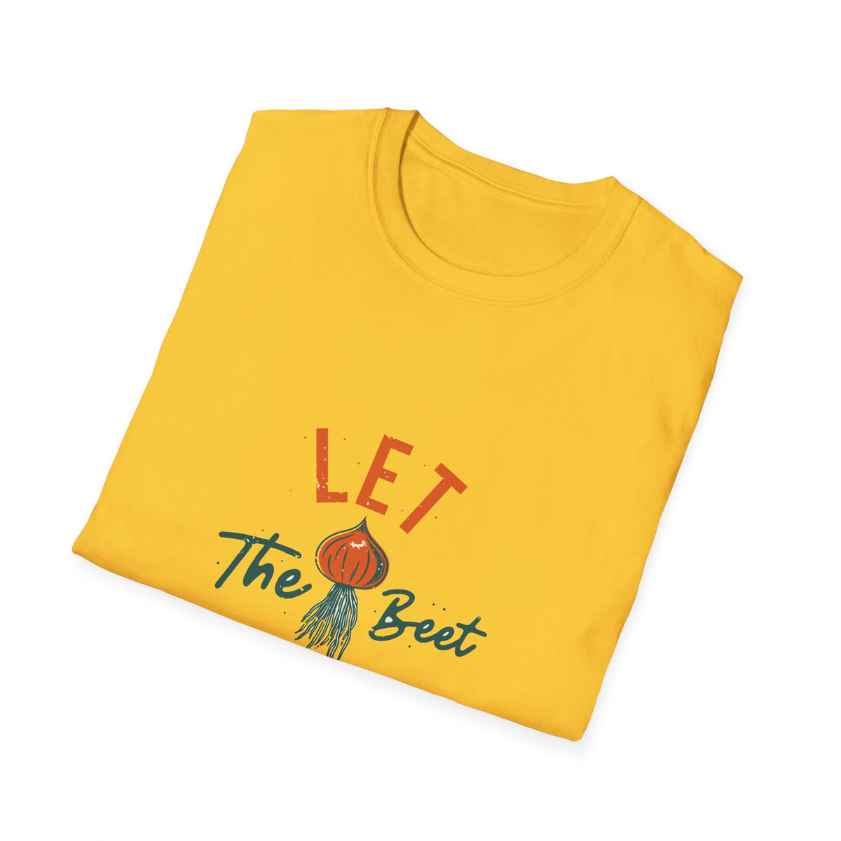 'Let the Beet Drop' beet pun print folded on yellow t-shirt, funny gift for gardeners