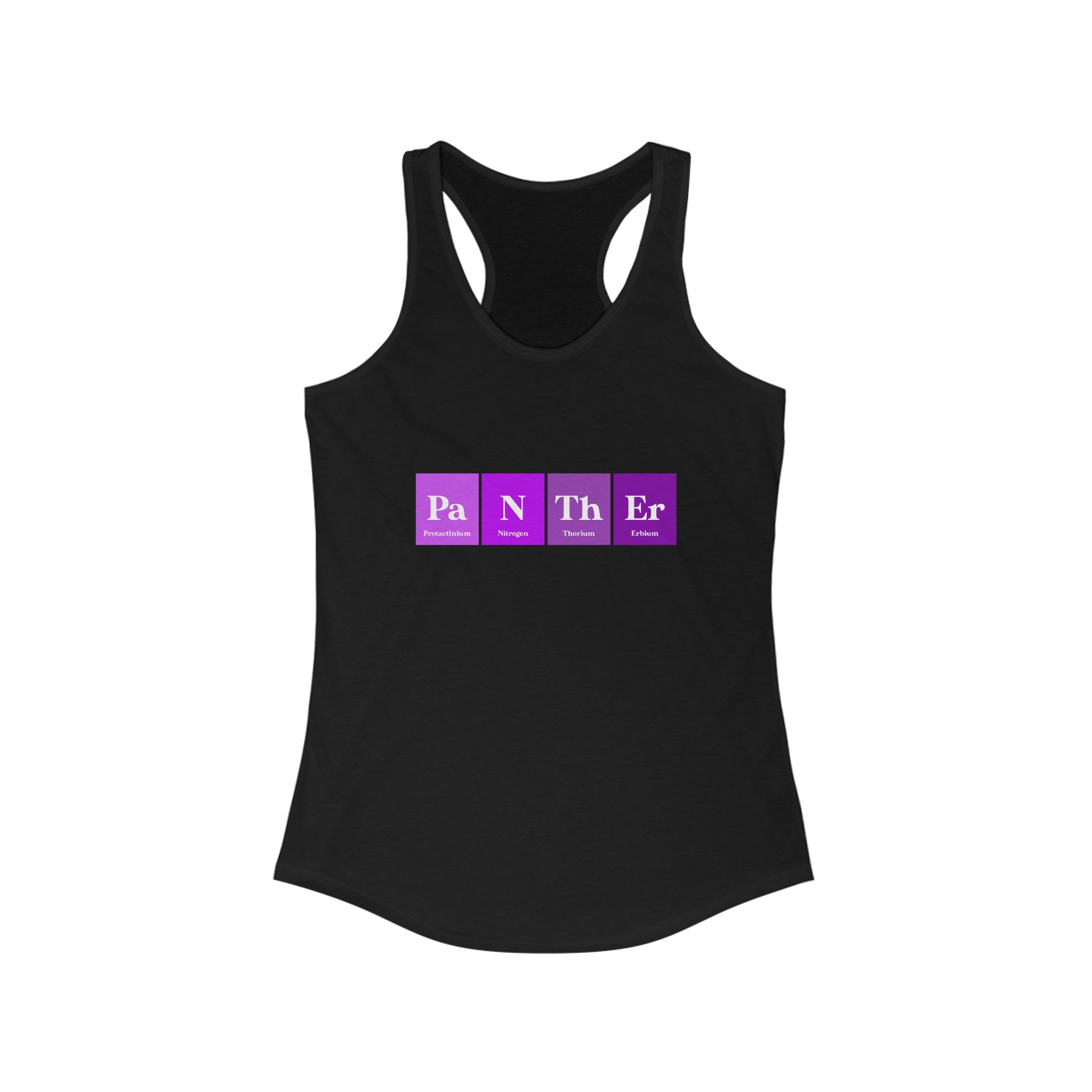 A lightweight black Pa-N-Th-Er - Women's Racerback Tank with the word "Panther" displayed in a periodic table style using purple and white elements. Perfect for fitness enthusiasts.