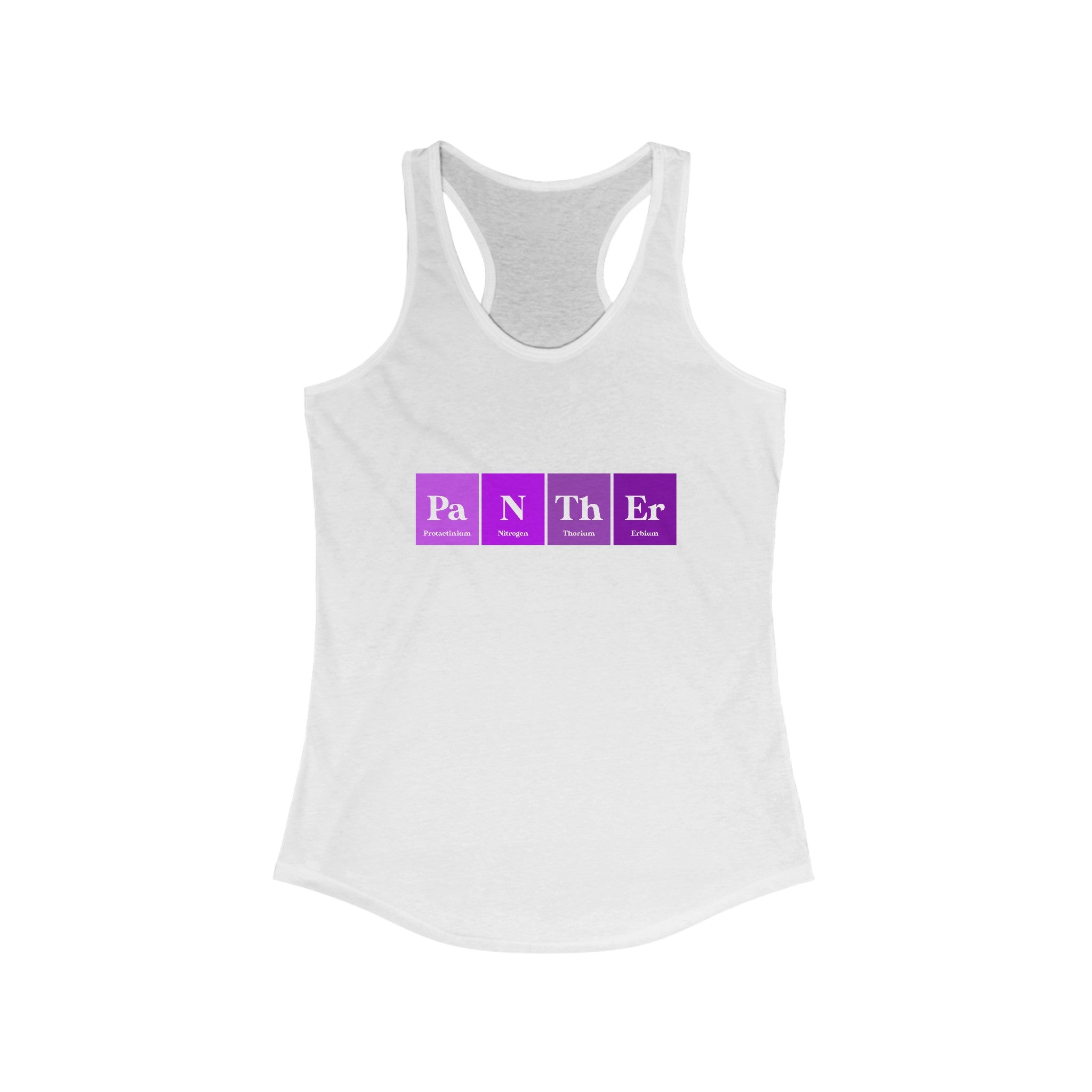 Pa-N-Th-Er - Women's Racerback Tank featuring a white sleeveless top with purple squares displaying "Pa," "N," and "Th," "Er" in the style of the periodic table, spelling out “Panther.” This fitness top is perfect for showing off your unique Pa-N-Th-Er designs at the gym or on a run.